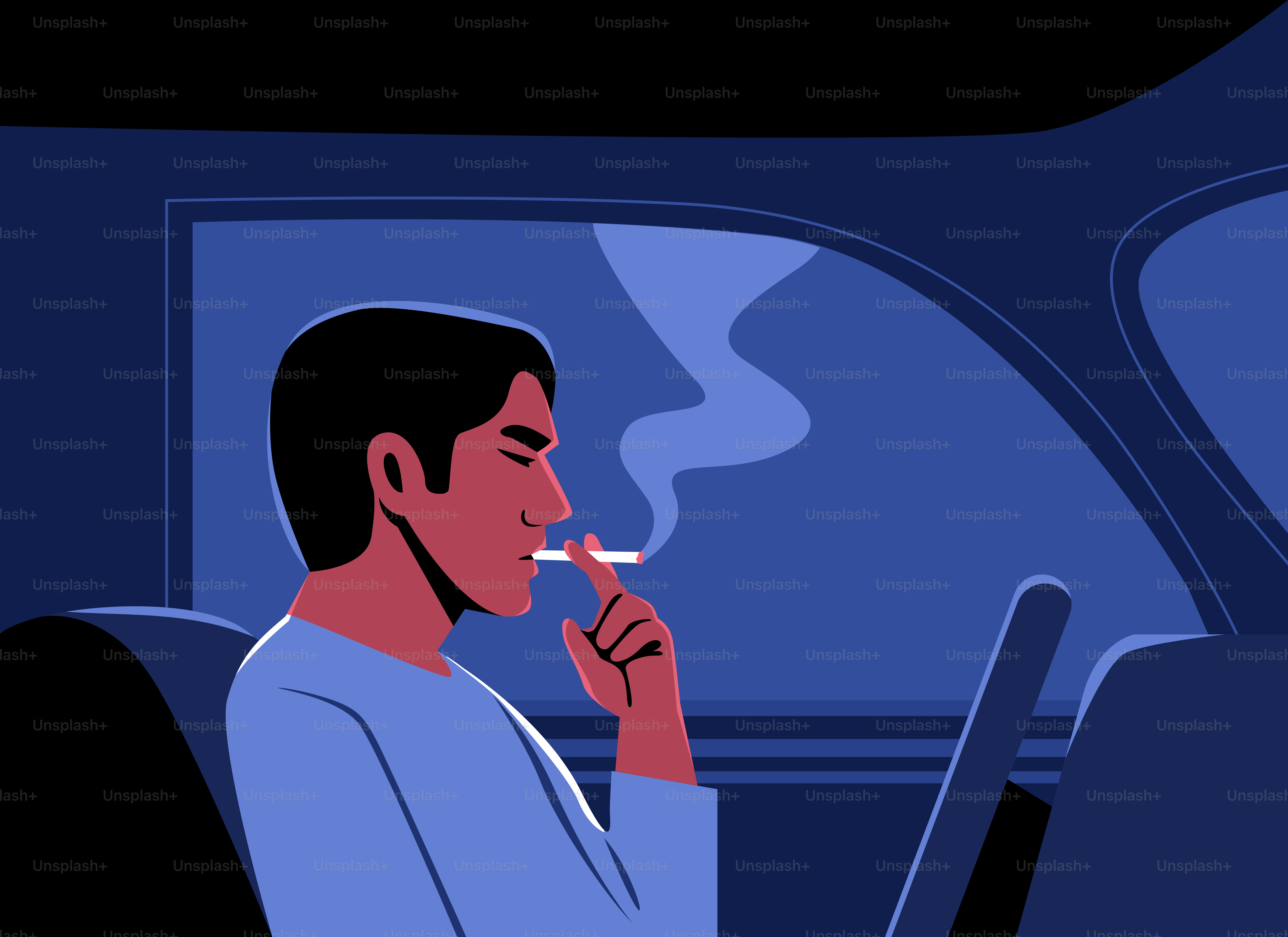 Man smoking a cigarette inside a car.