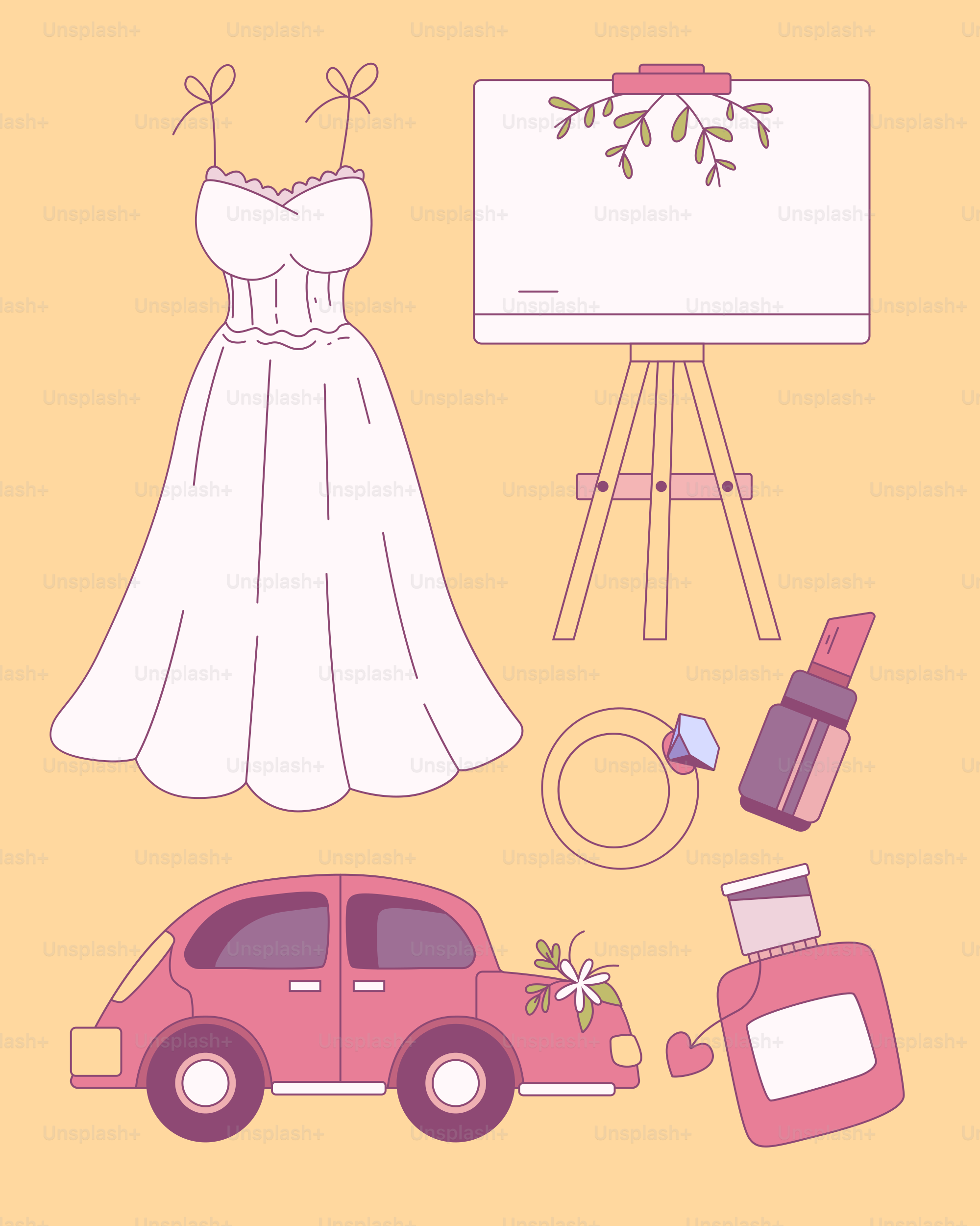 Hochzeitsmotivierte Illustrationen verschiedener Objekte.