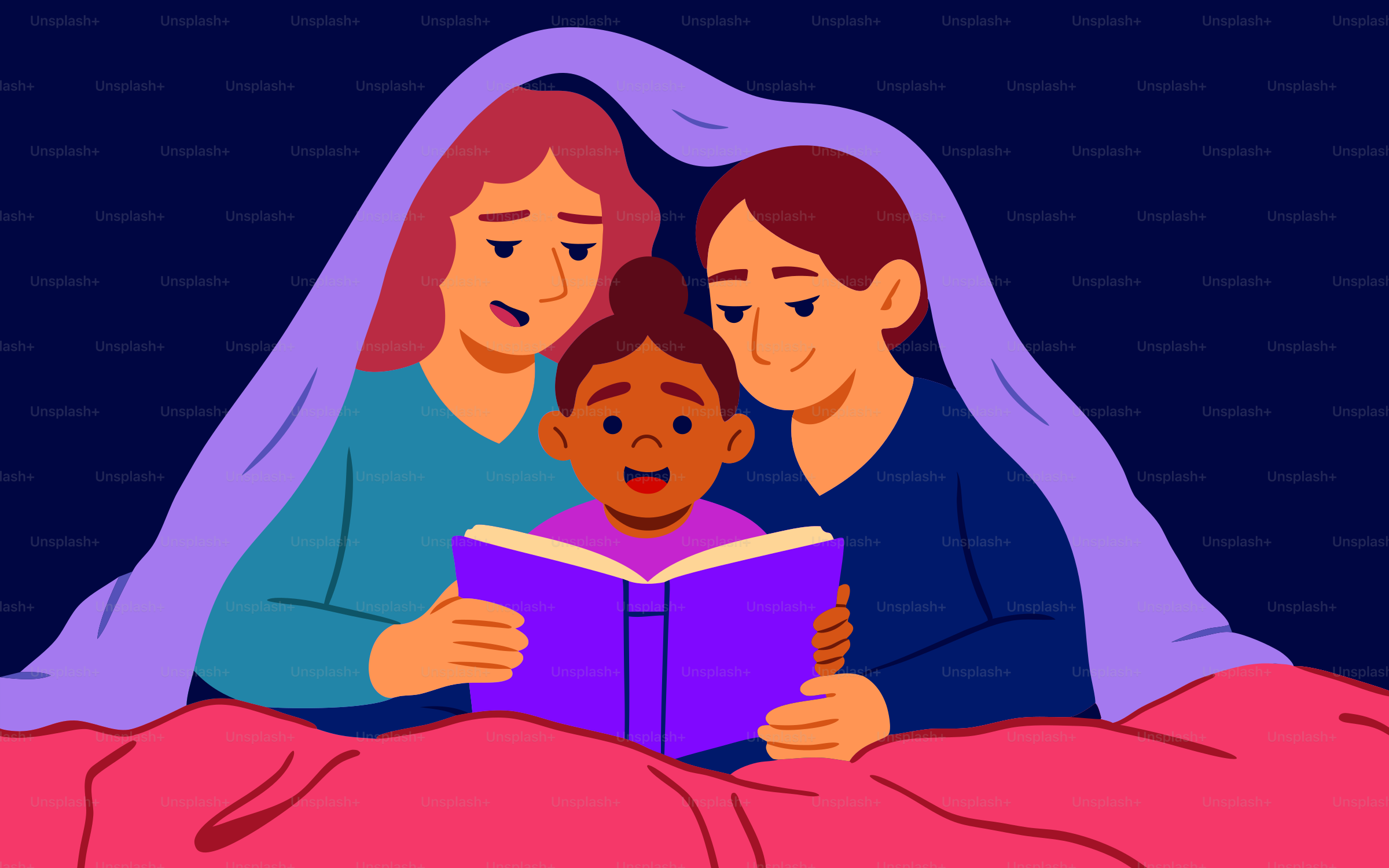 Eltern lesen mit ihrem Kind eine Gute-Nacht-Geschichte vor.