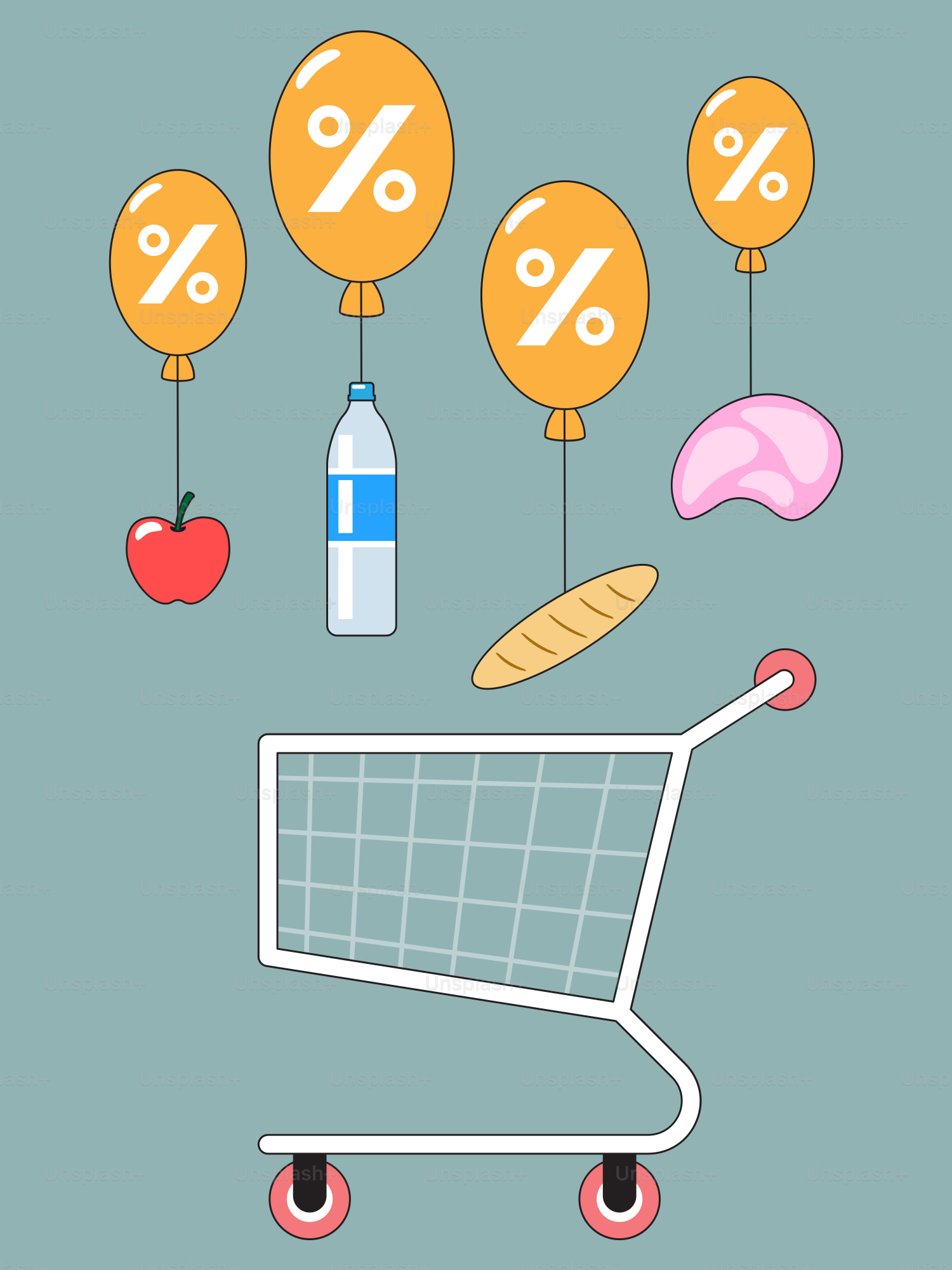 Mantimentos com balões representando descontos.