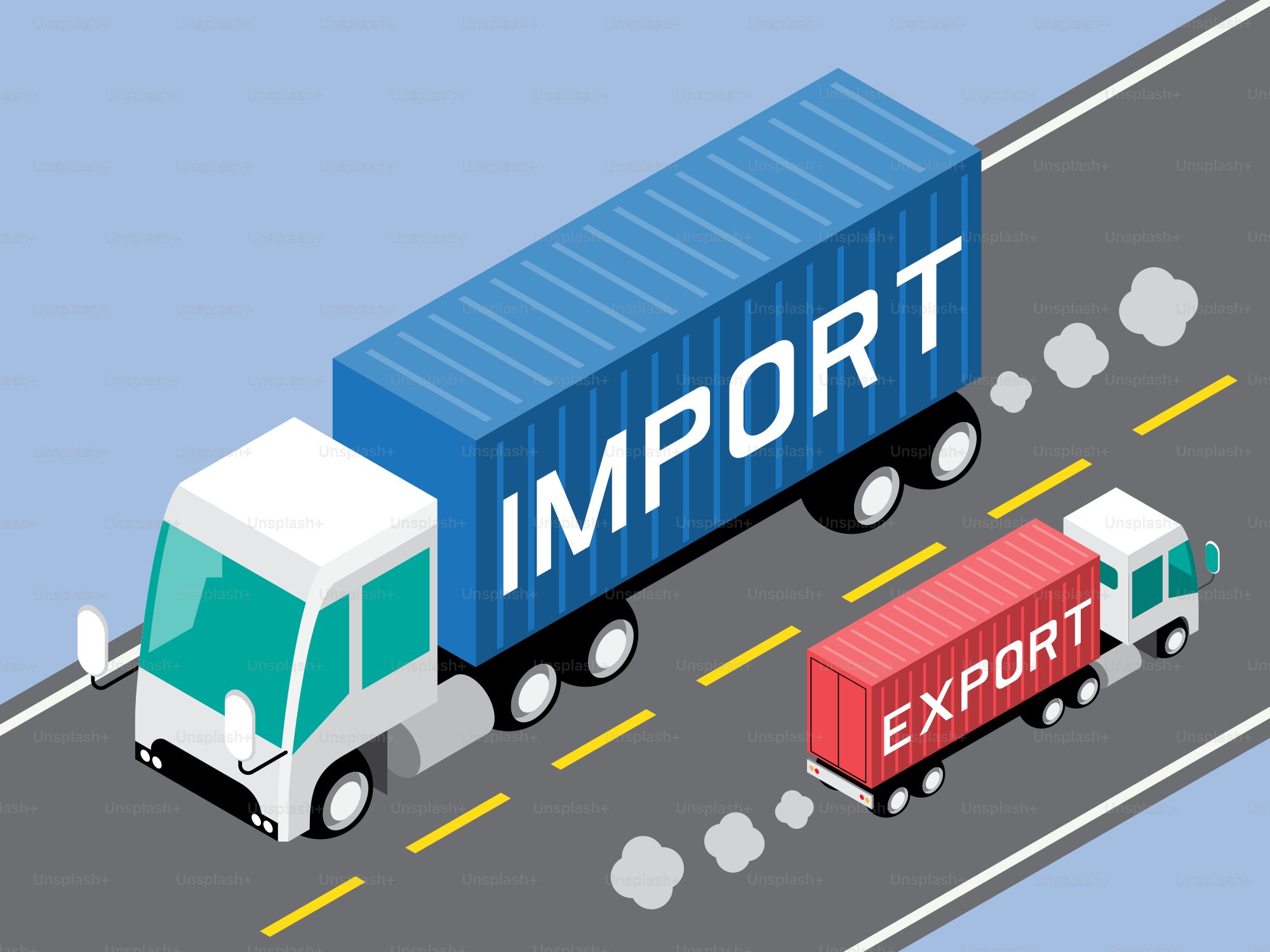 Import and export trucks travel along the road.