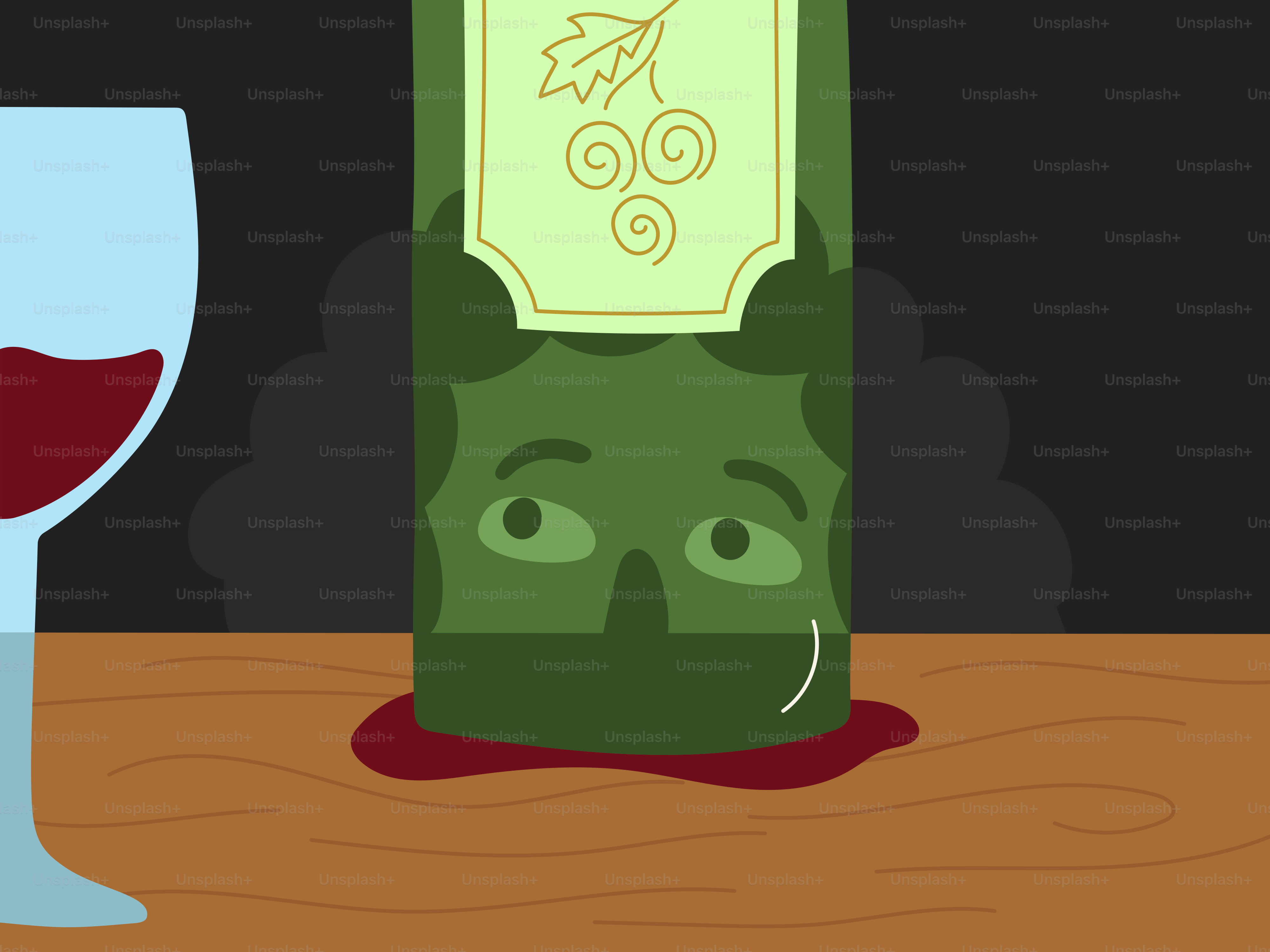 La bouteille de vin a un visage et se renverse sur la table.