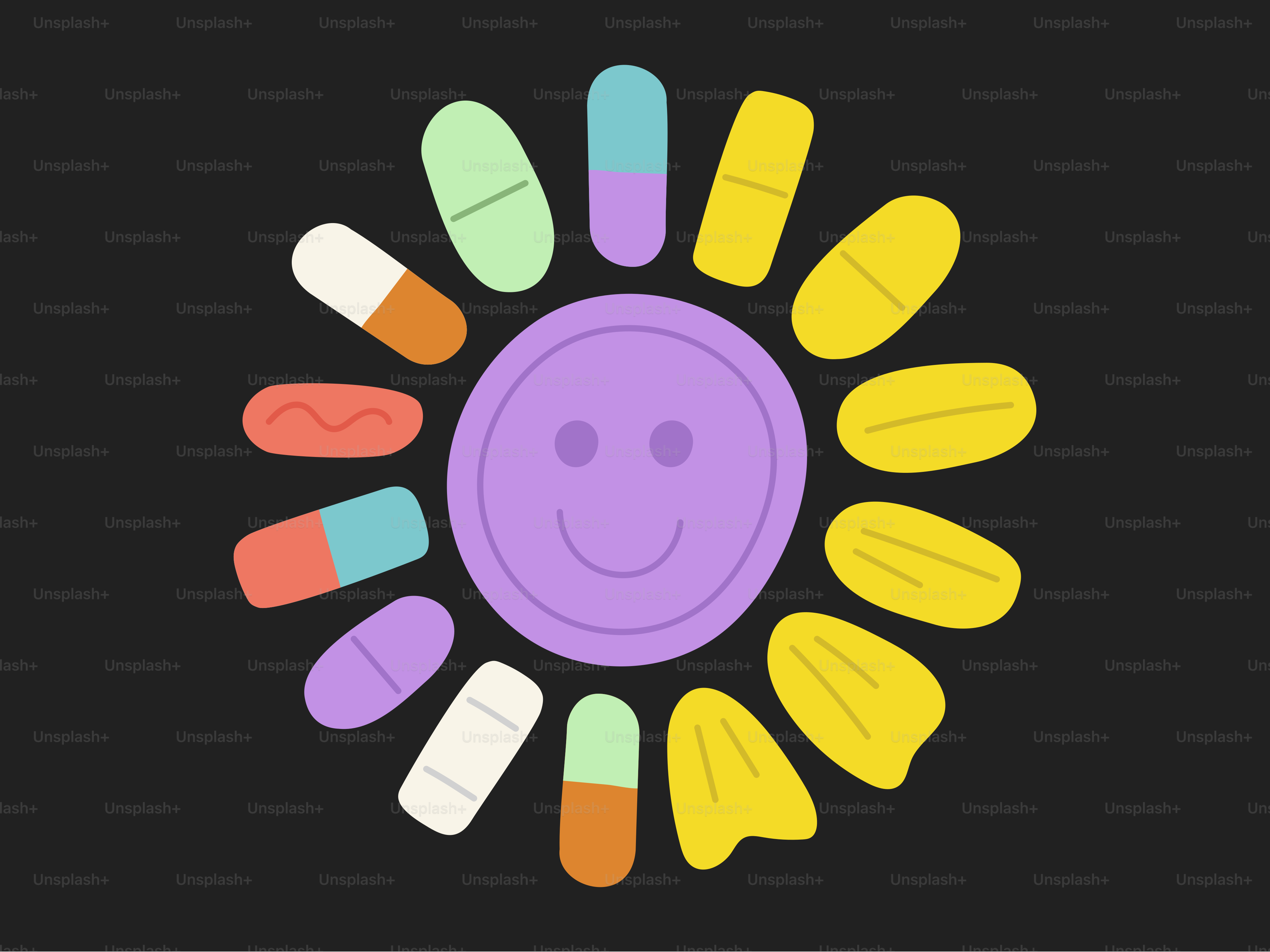 A smiling sun made of various pills.