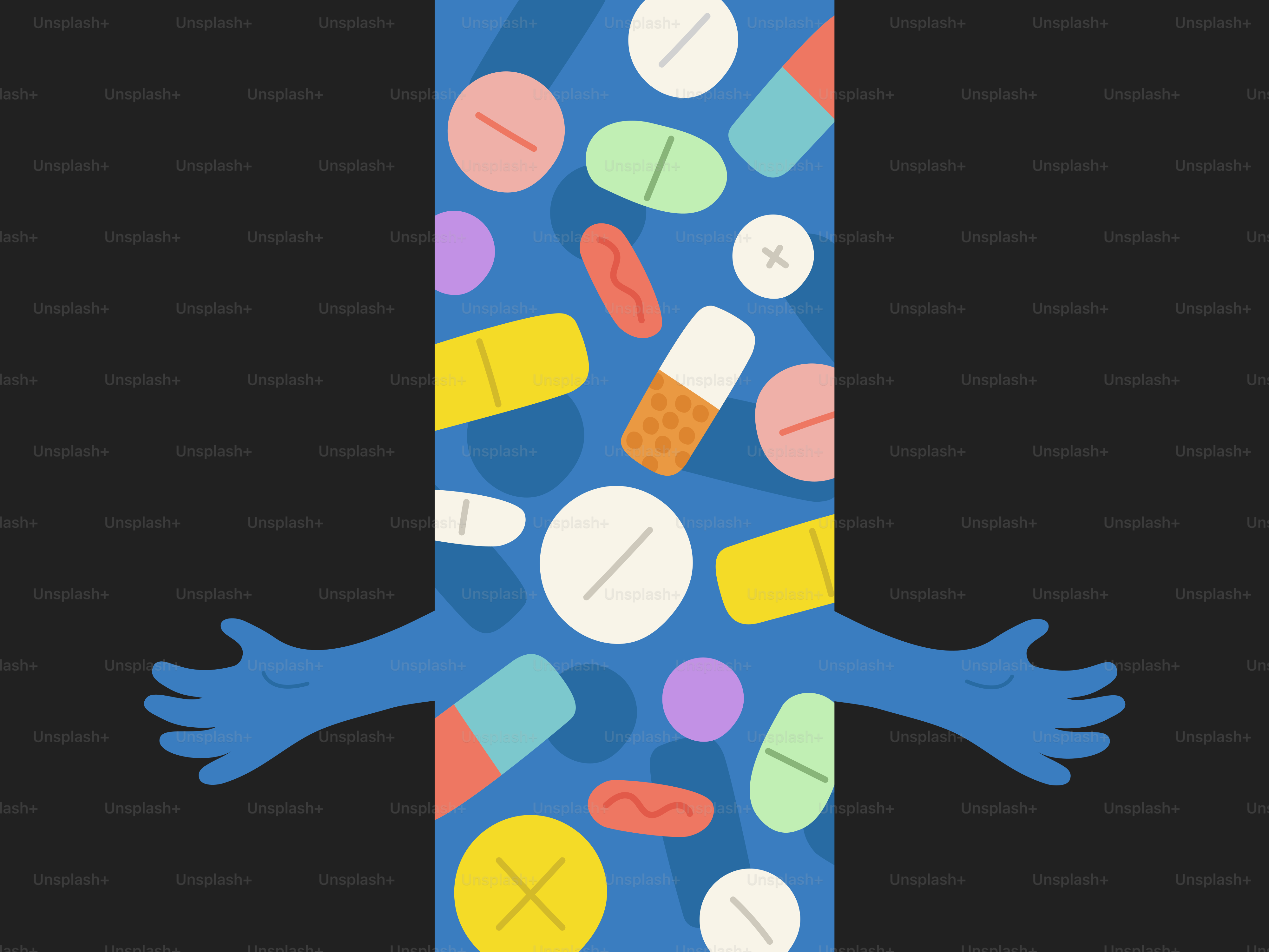 A figure is made of different colorful pills.