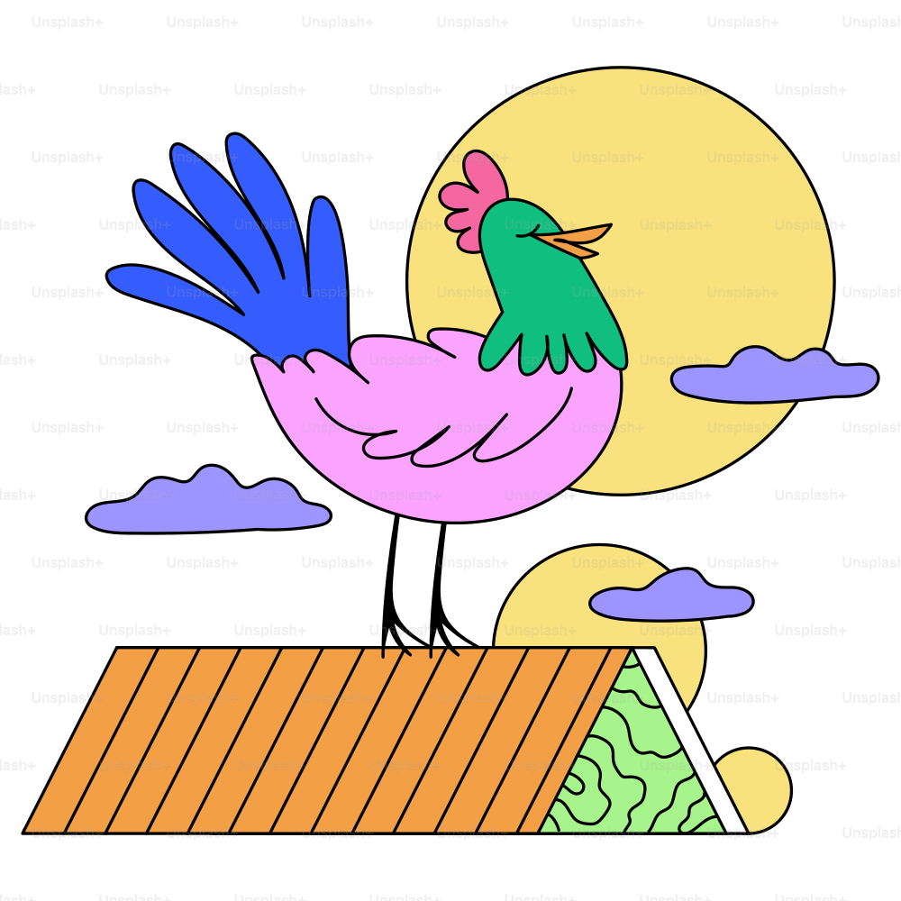 A colorful rooster stands on a rooftop.