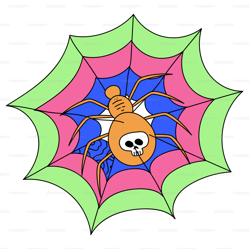 A spooky orange spider sits in its colorful web.