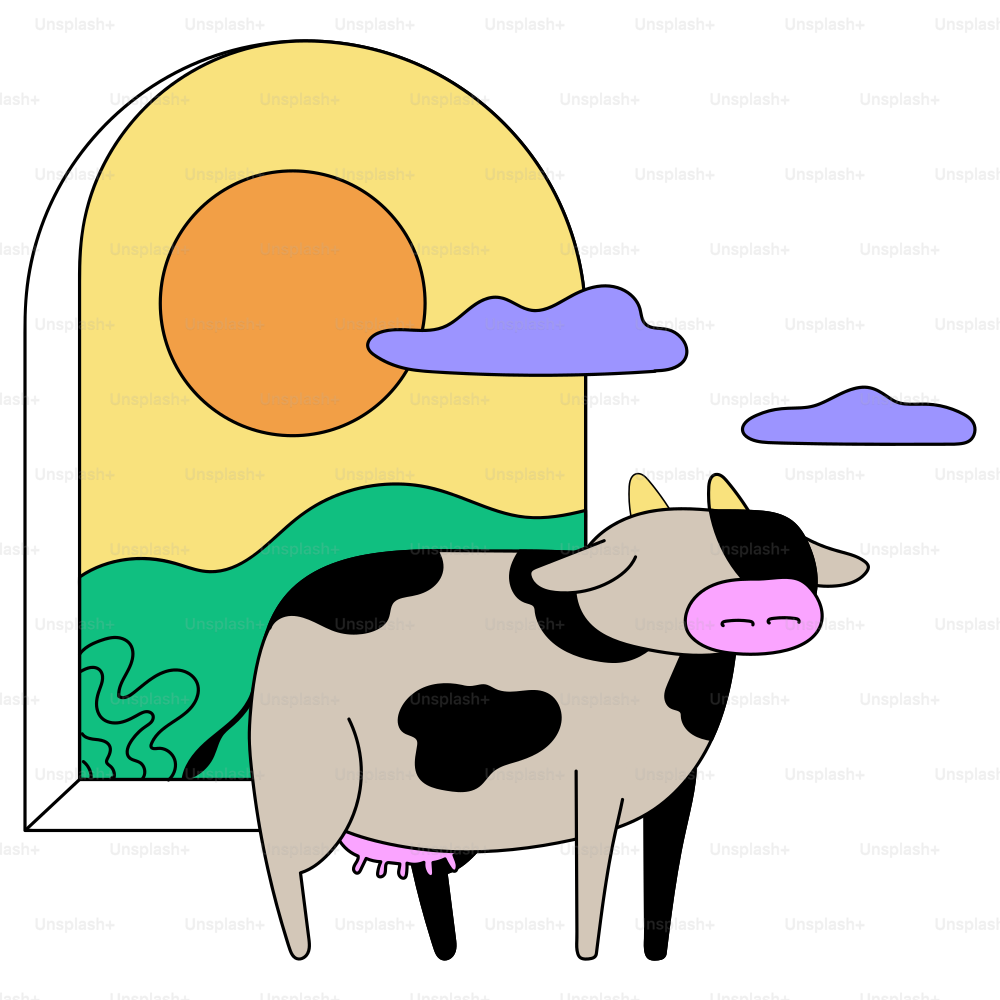A cow stands near a window with a sunset.