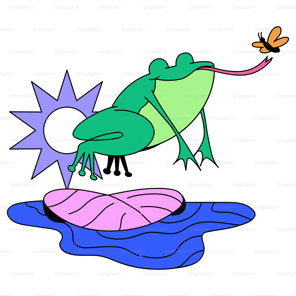 The frog attempts to catch a butterfly with its tongue.