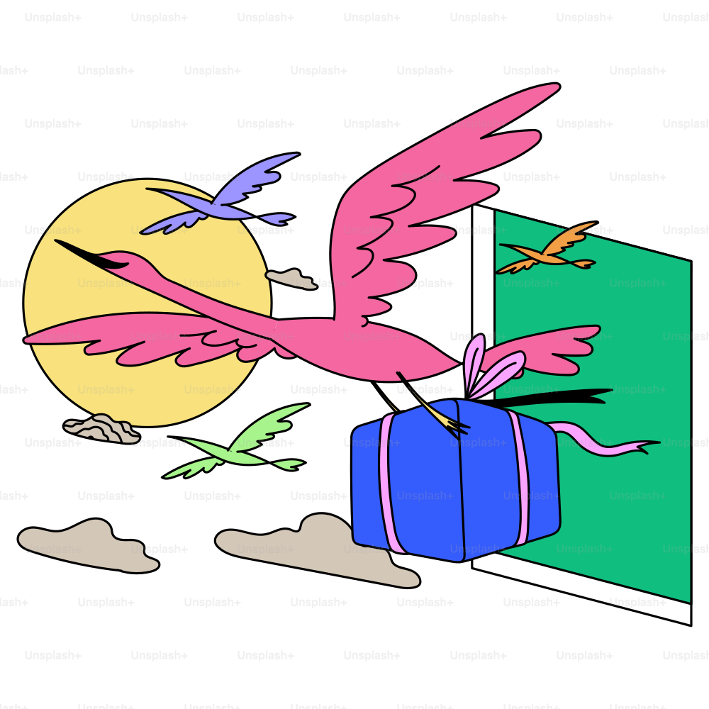 A stork delivers a gift through a window.