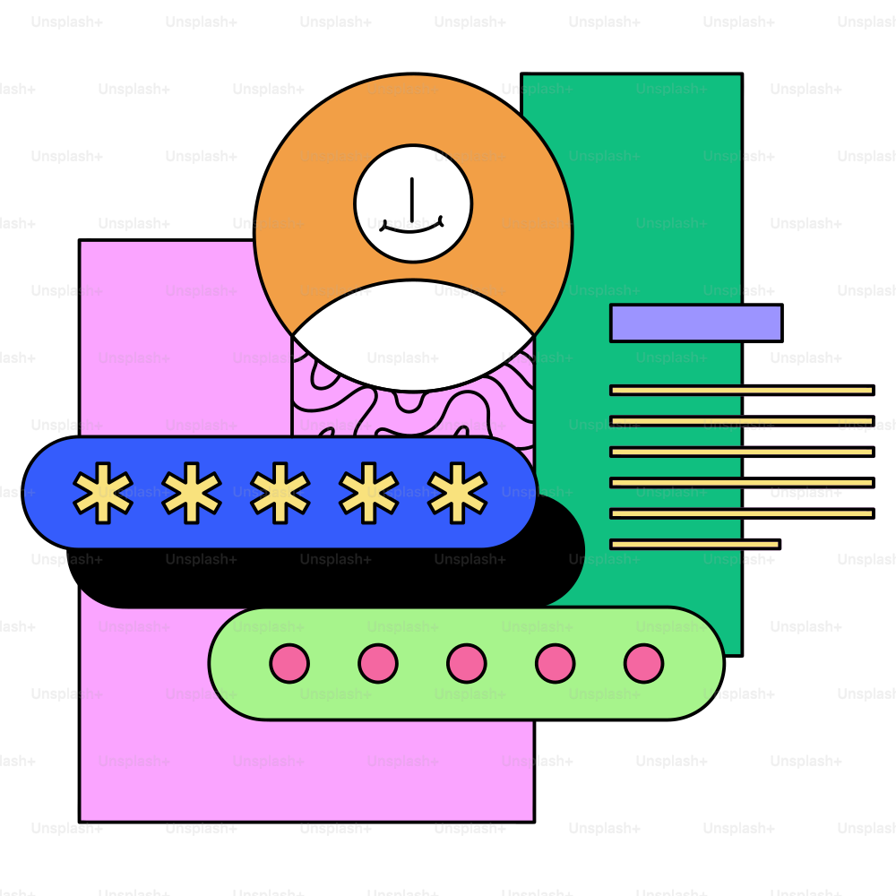 Passwords and user profiles with colorful abstract shapes.