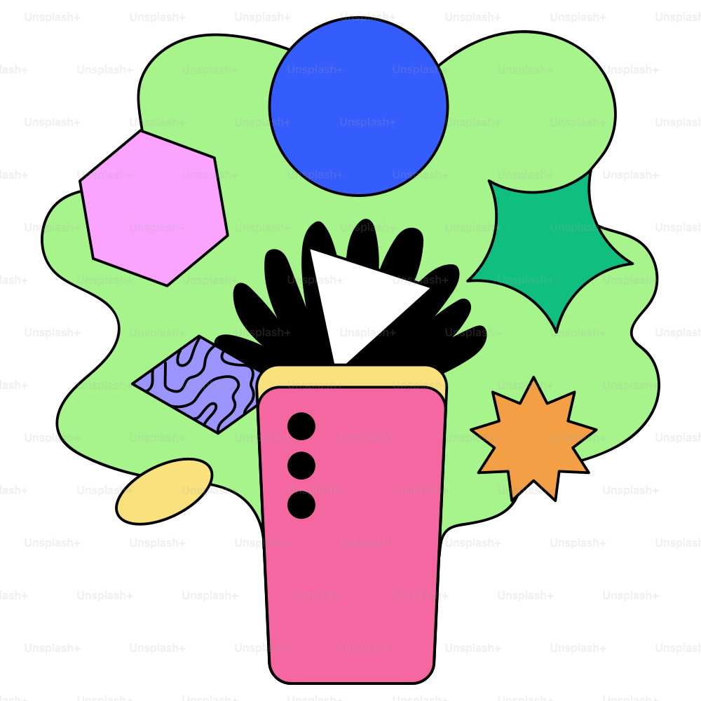 Bunte abstrakte Formen tauchen aus einem rosa Behälter auf.