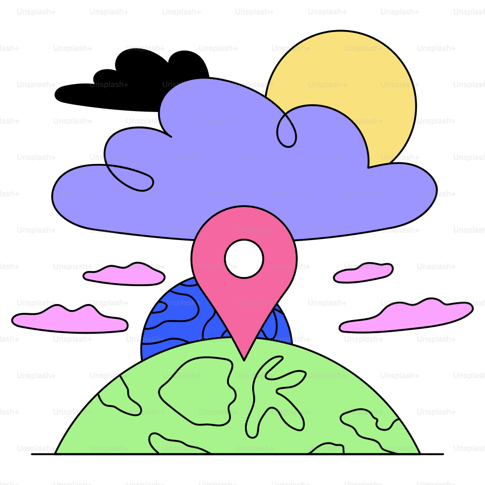 Der Standort ist auf der Erde, umgeben von Wolken und Sonne.