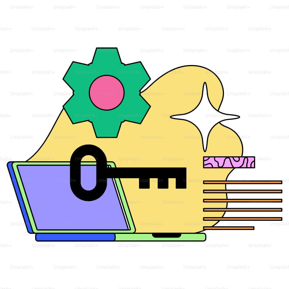 Laptop, key, and gear symbolize a solution.