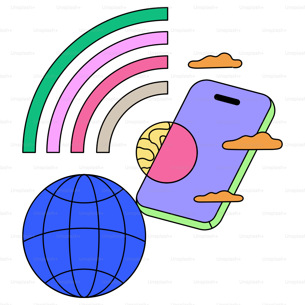 A smartphone, rainbow, globe, and clouds are pictured.