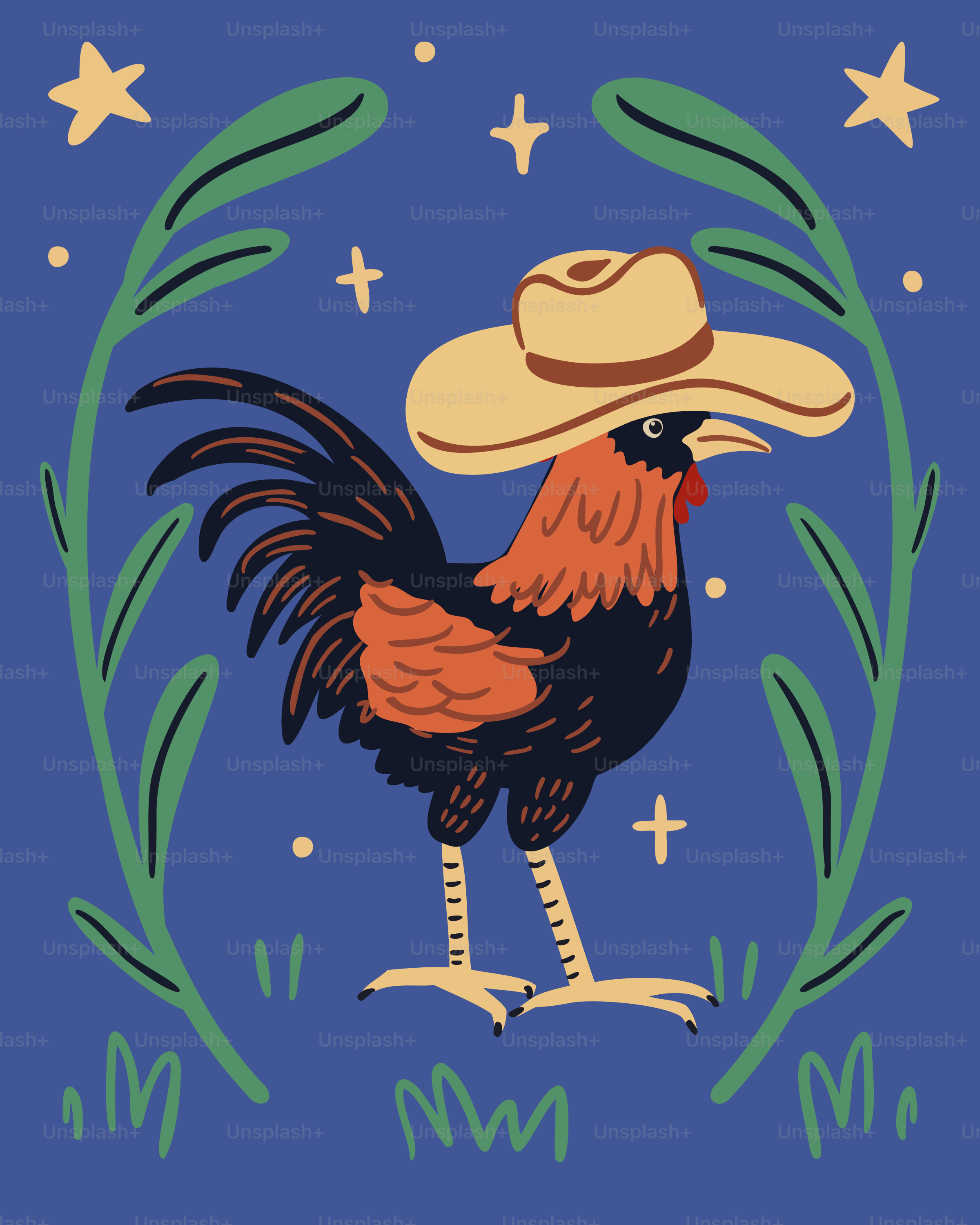 A cowboy rooster stands proudly under the stars.