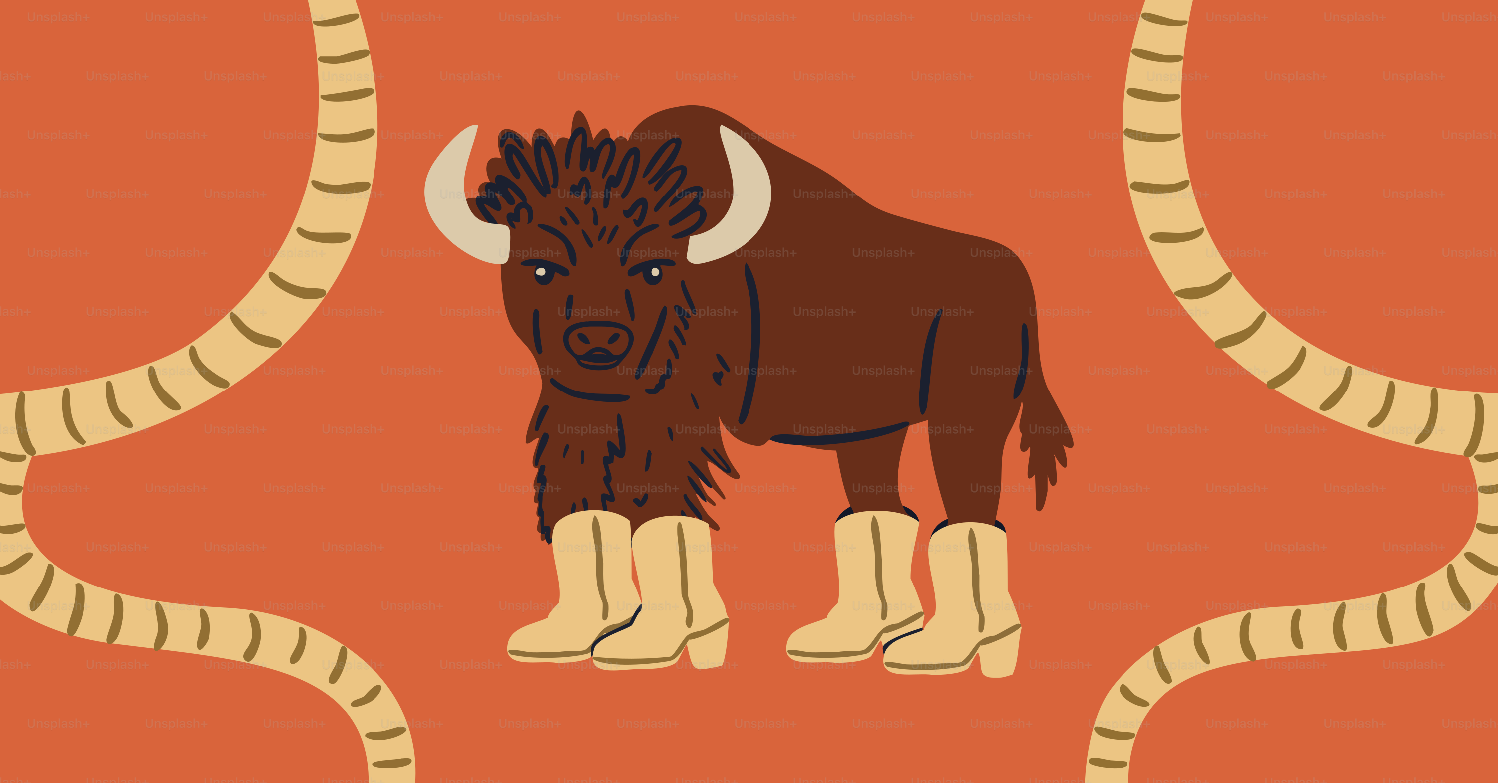 A bison wearing boots with a decorative background.