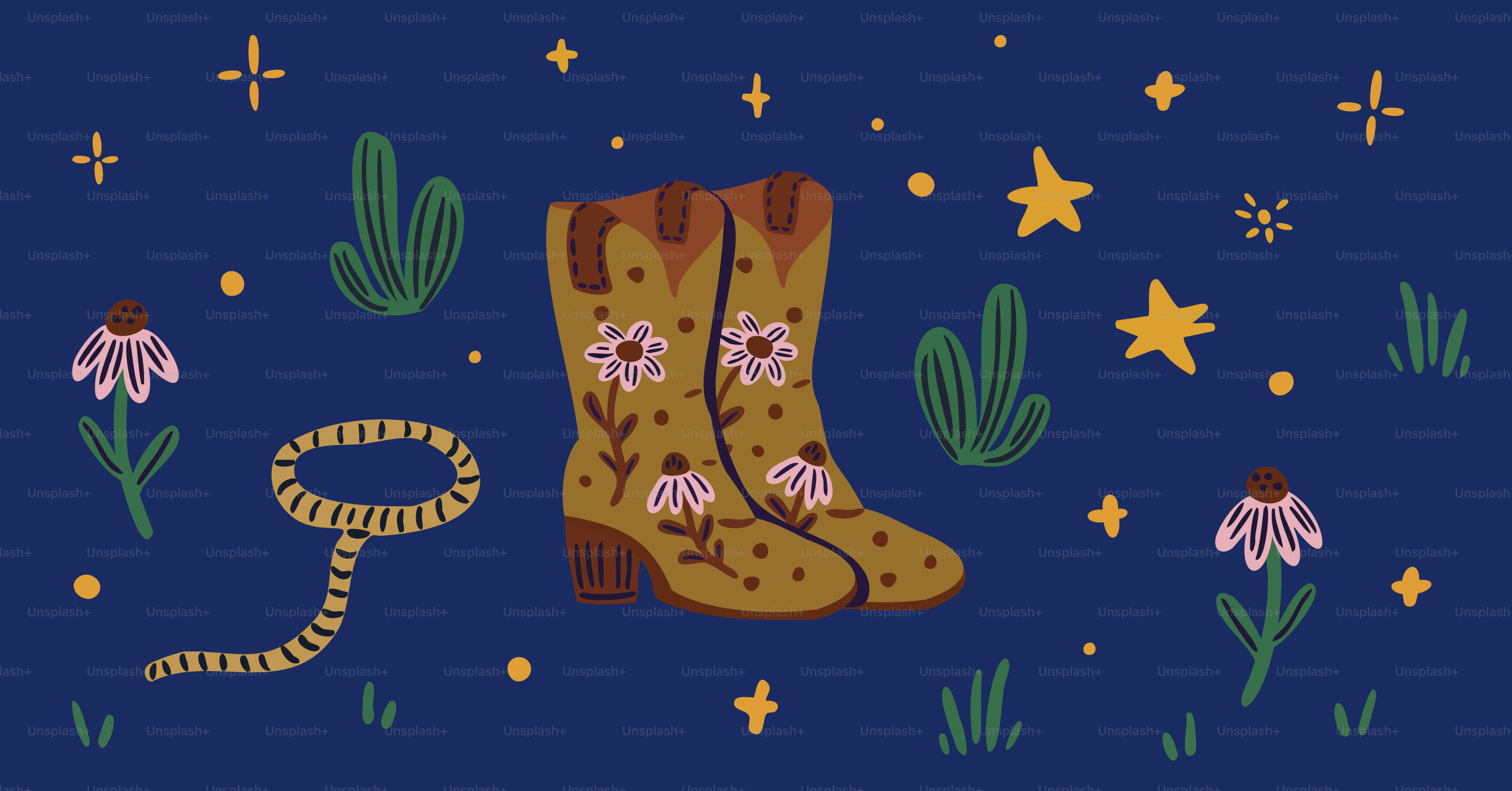 Cowboy boots and wildflowers decorate a starry night.