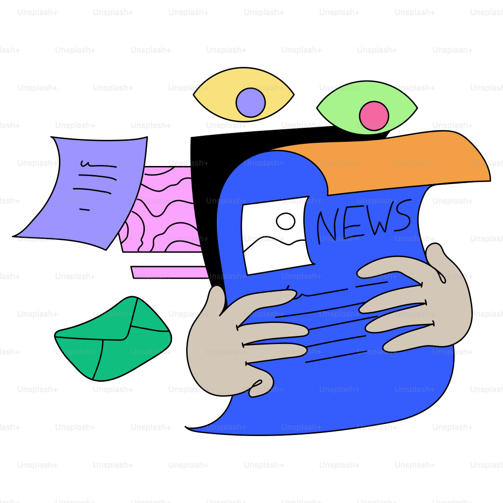 Reading the news with floating elements and watchful eyes.