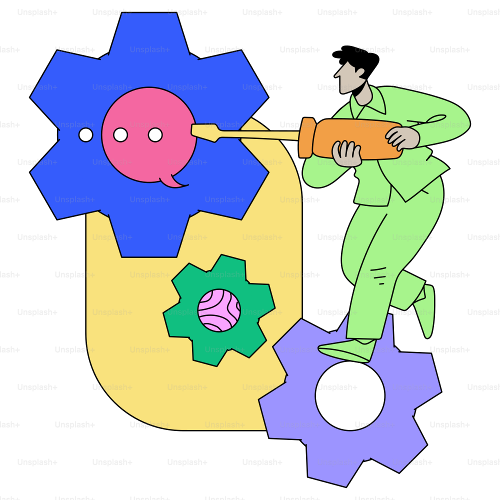 Um homem conserta uma bolha de chat com engrenagens.