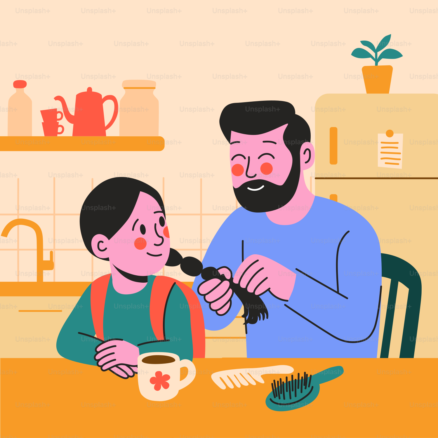 A father braids his daughter's hair.