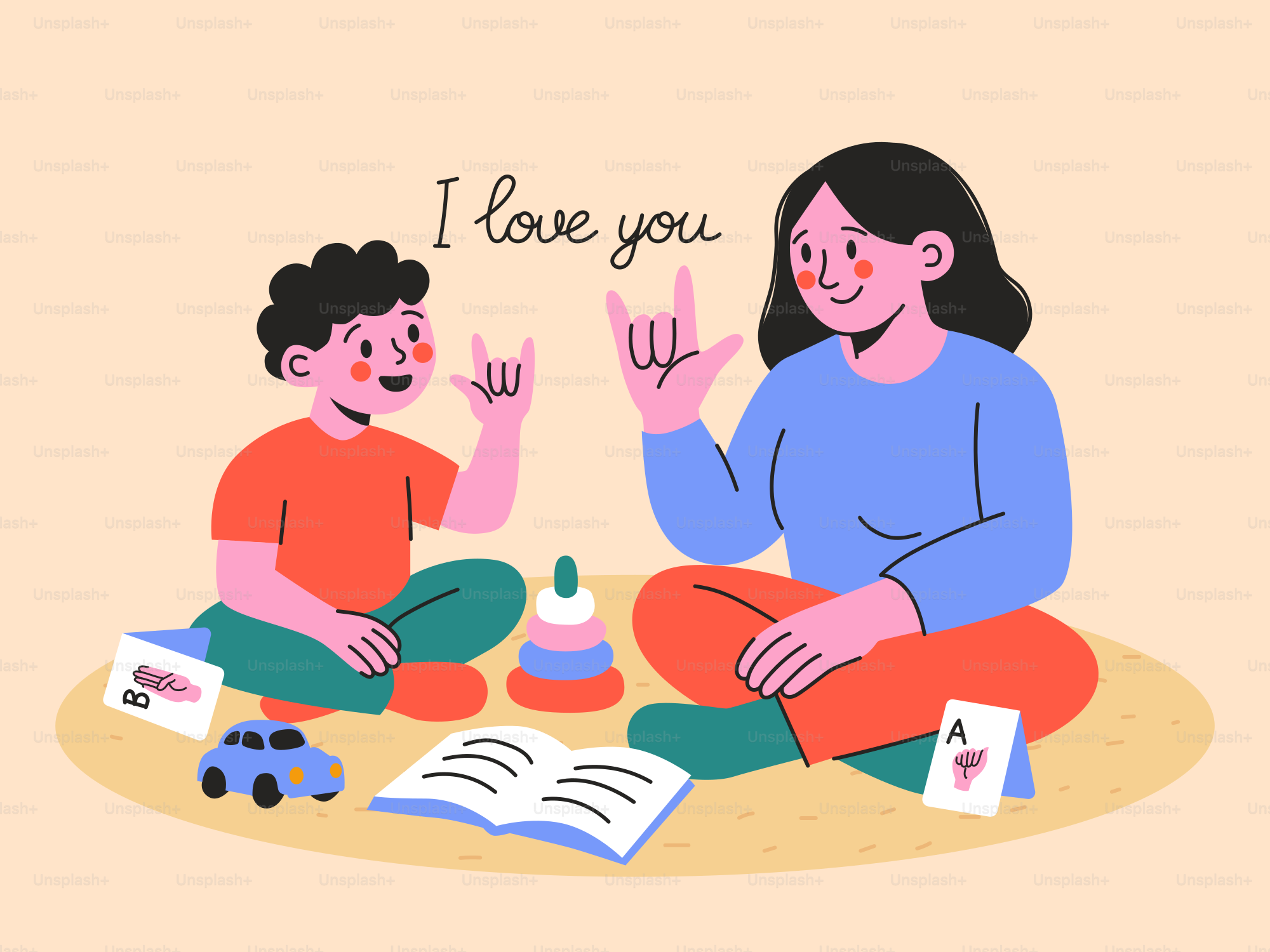 Mother and son sign "i love you" using sign language.