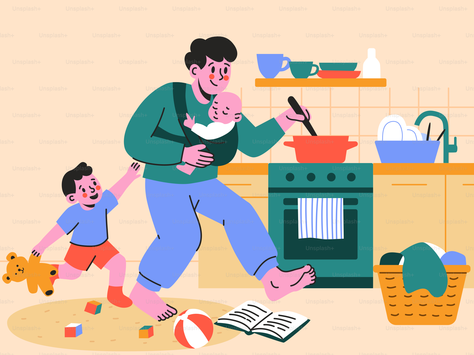 Dad multitasks: cooking while parenting two children.