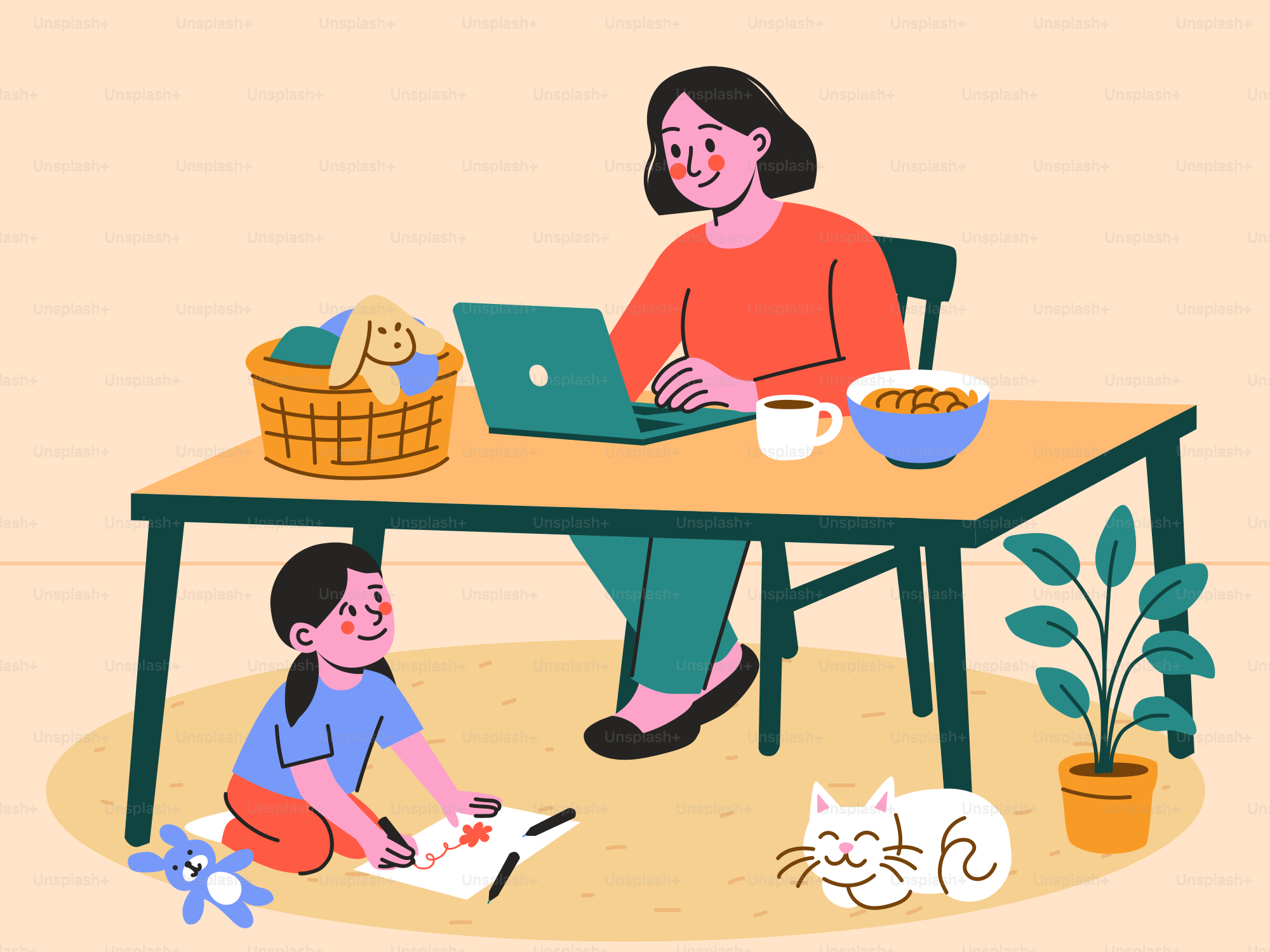 Mom works from home while daughter plays.