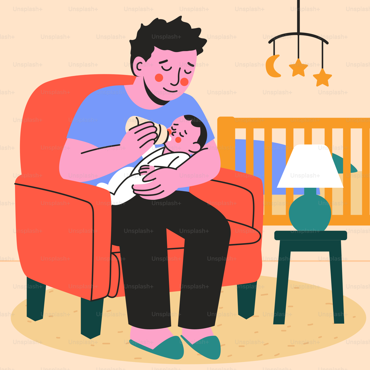 Ein Vater füttert sein Baby mit einer Flasche.