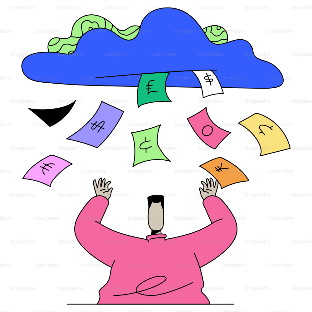 Money is falling from a cloud onto a person.