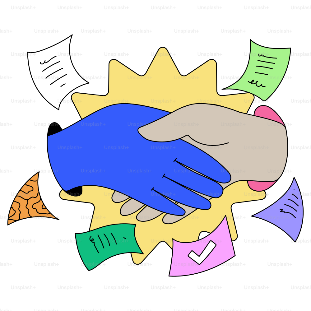 A handshake seals the deal with signed documents.
