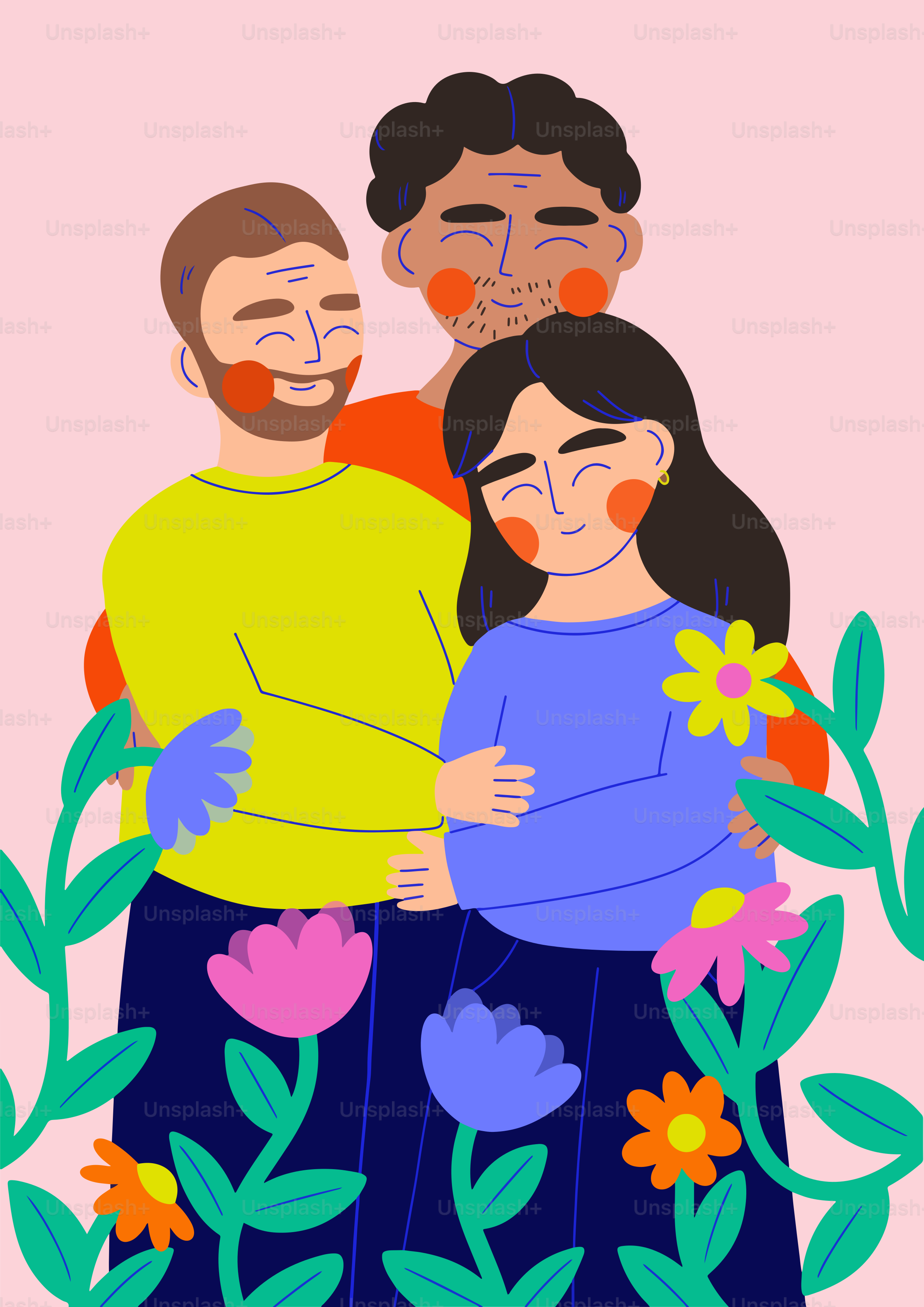 A happy couple and friend are surrounded by flowers.