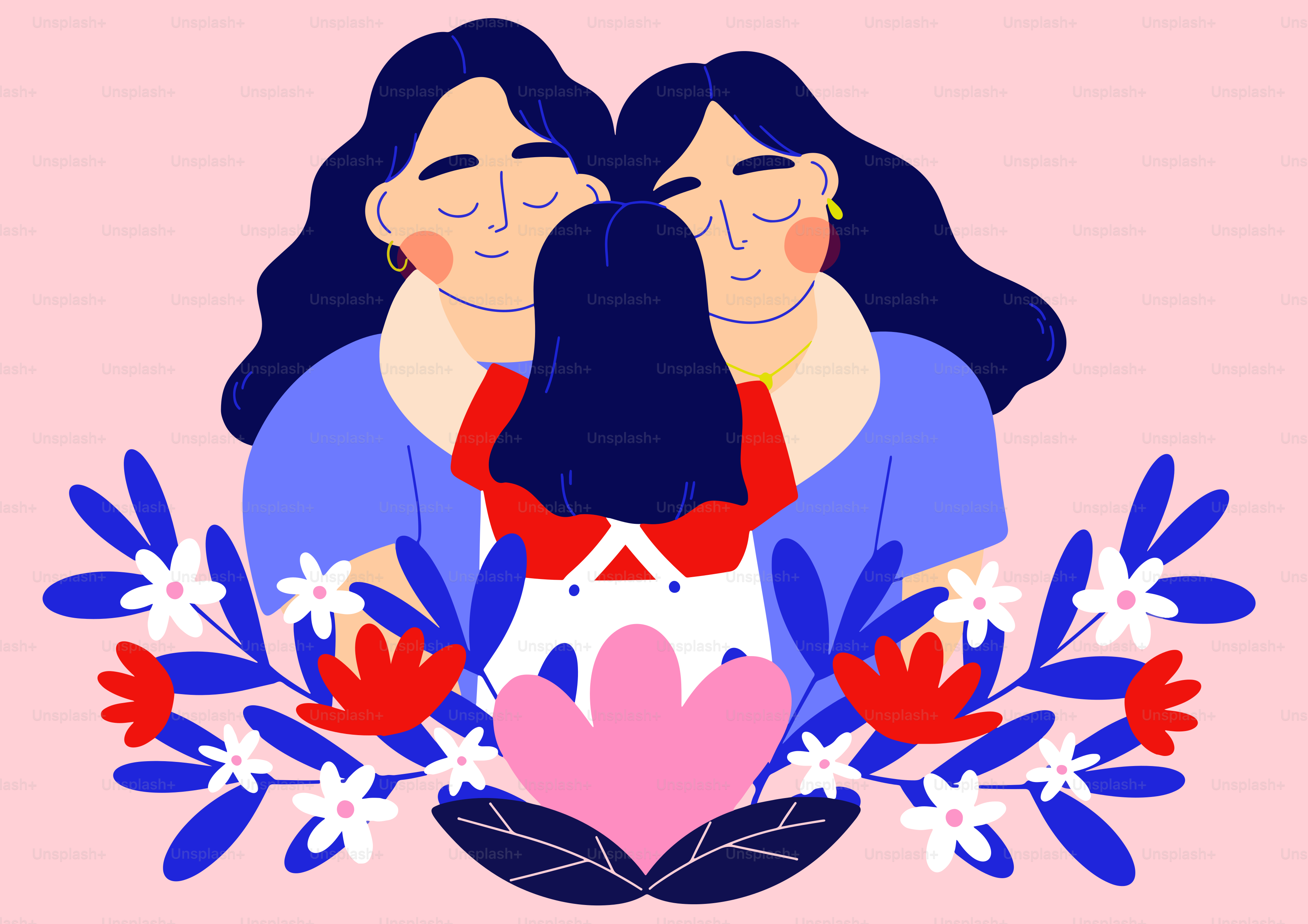 Two women hug a child.