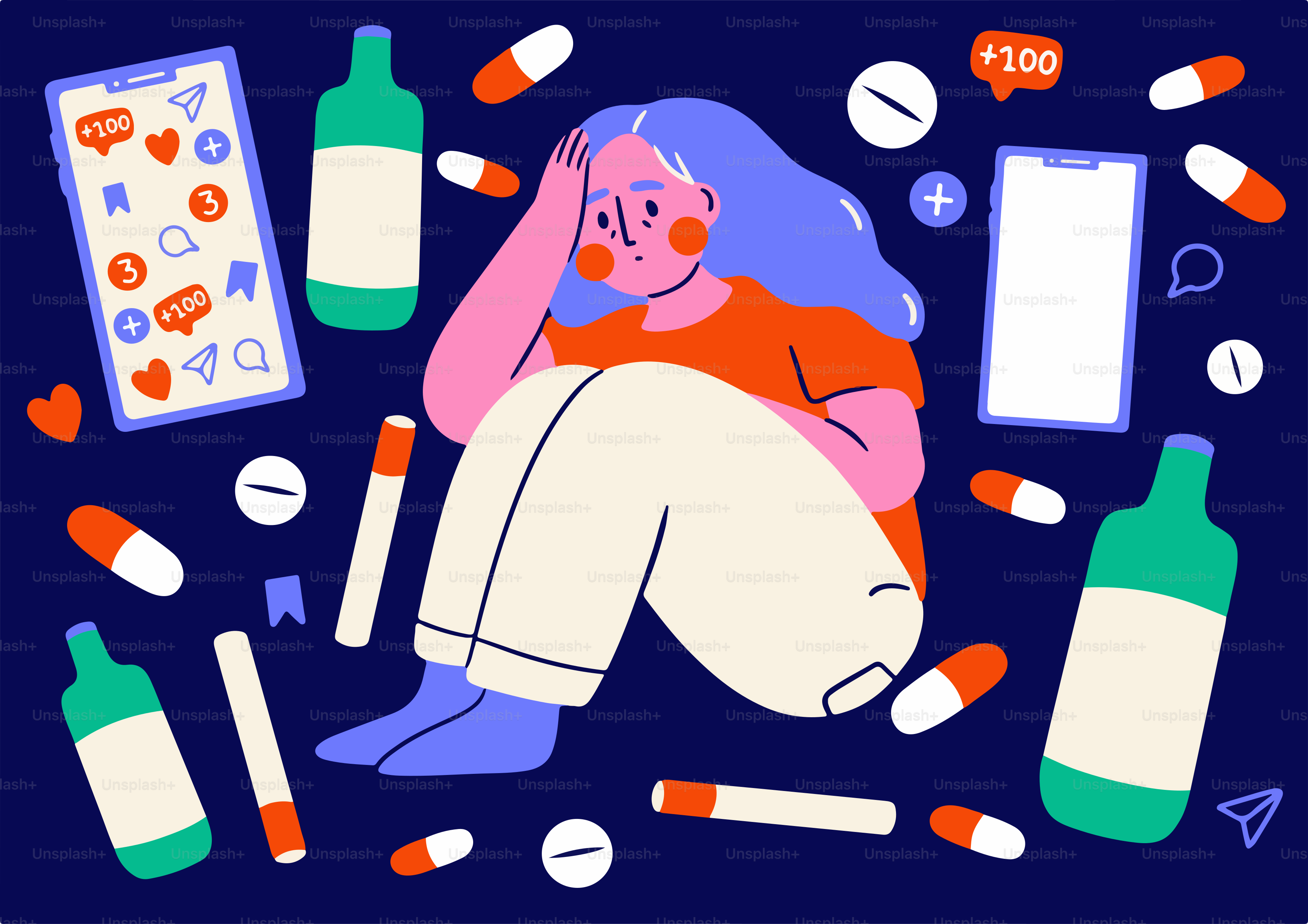 Depressed woman surrounded by pills and phones.