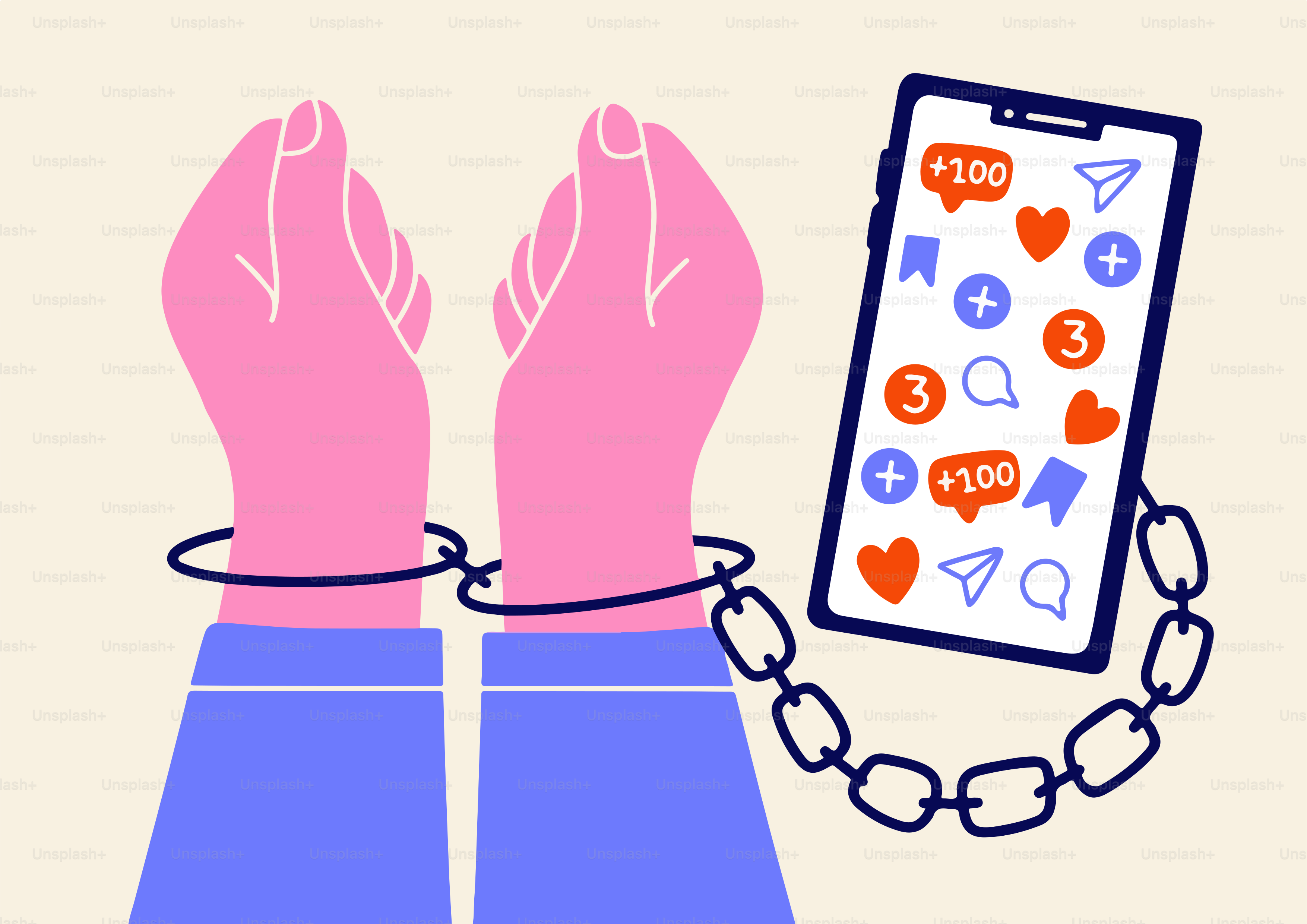 Social media addiction keeps hands chained to phone.