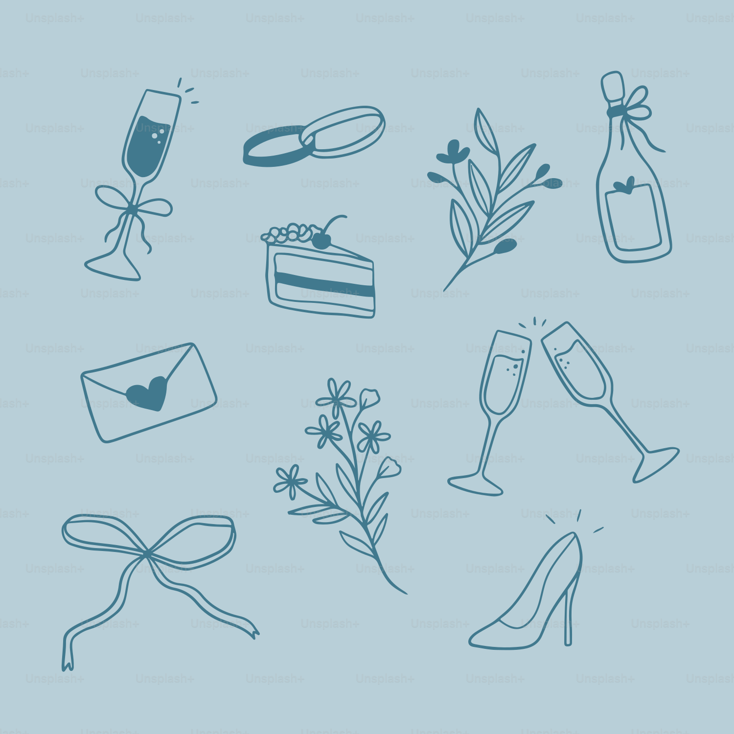 Celebratory icons including champagne, cake, and flowers.