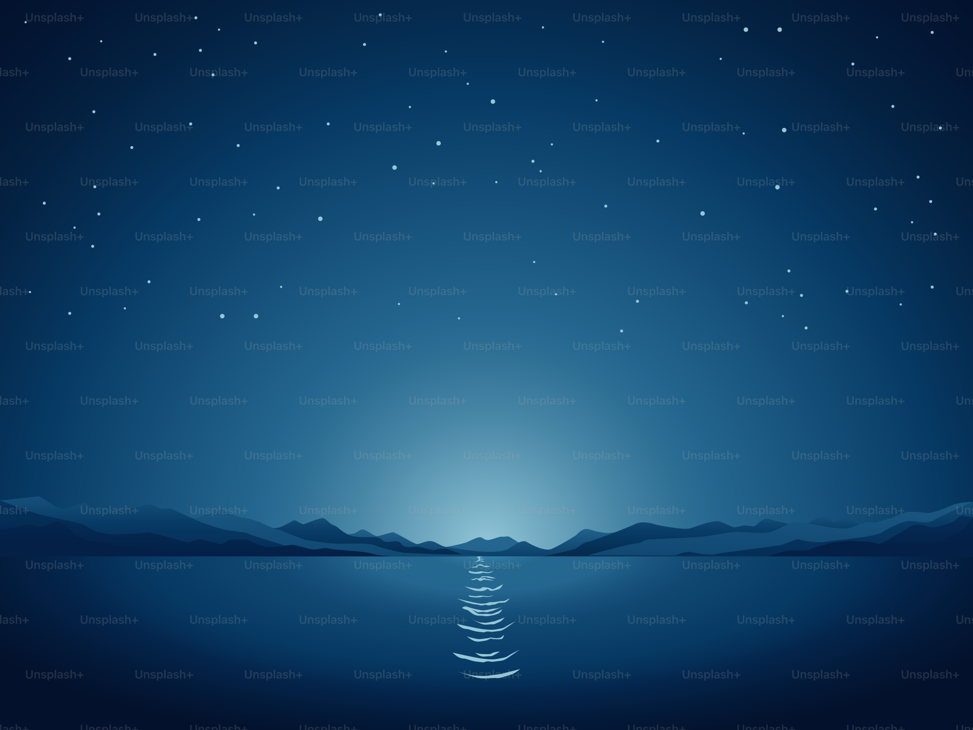 Scène nocturne au-dessus de l’eau, avec des étoiles au-dessus.