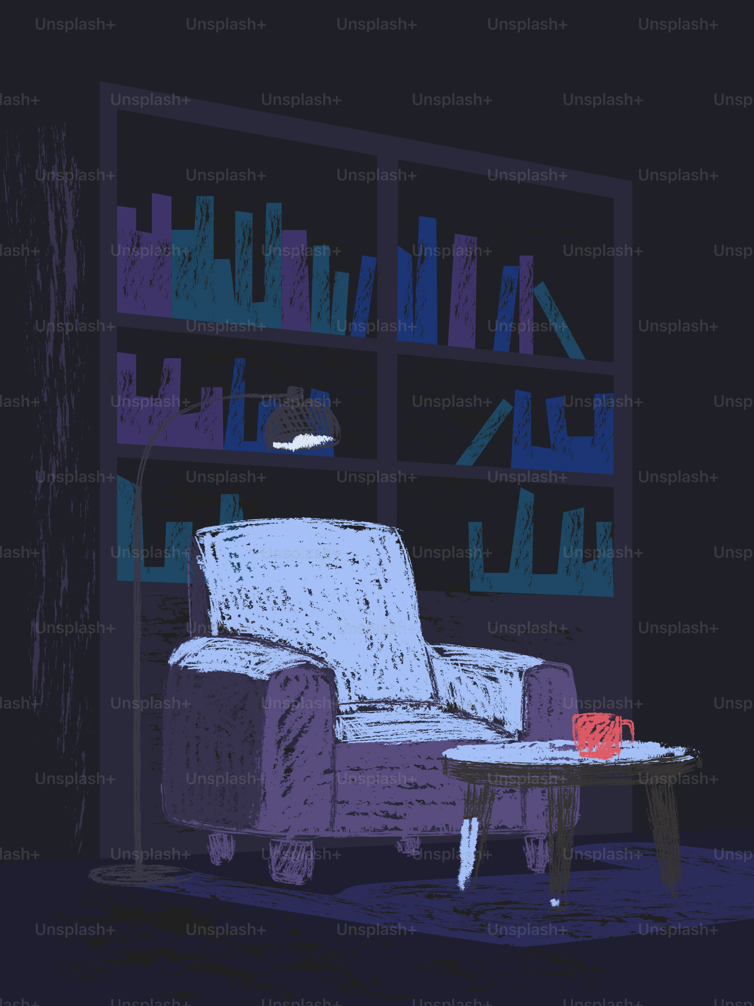 A cozy reading nook with a bookshelf.