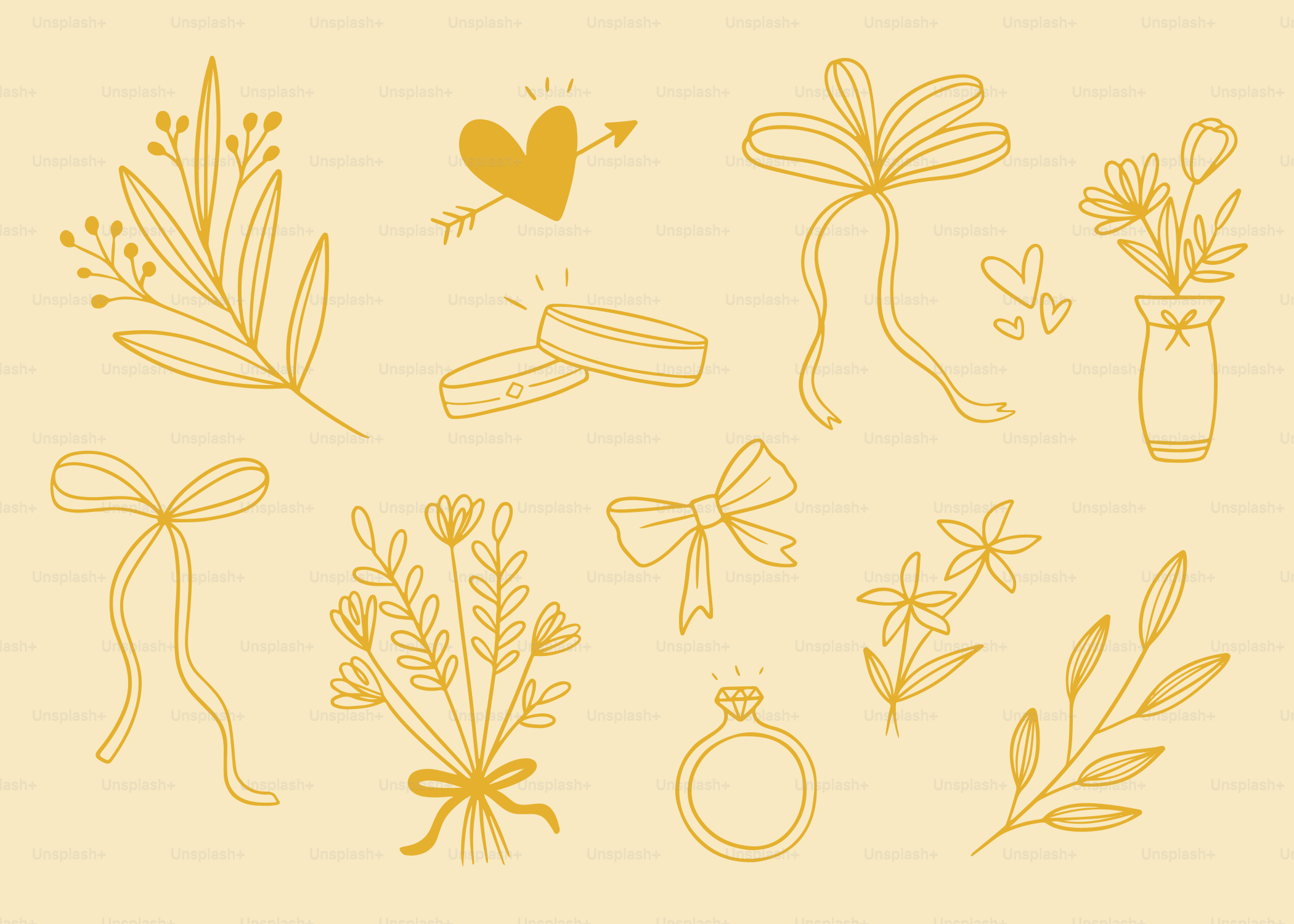 Wedding-themed illustrations with flowers and rings.