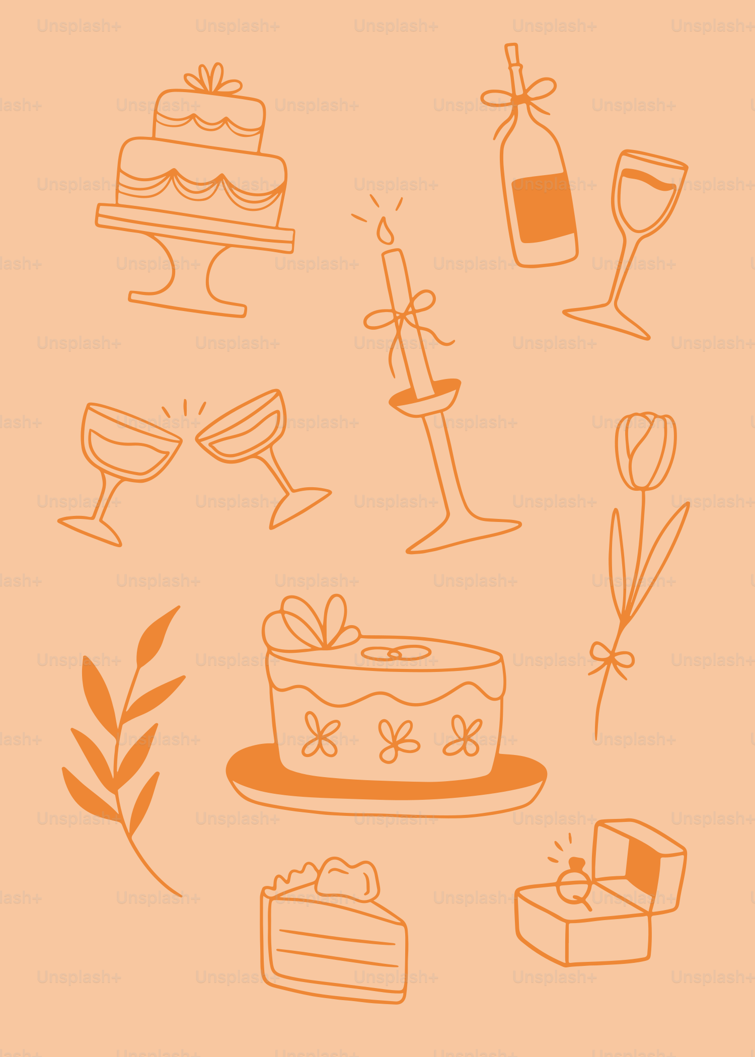 Wedding-related illustrations of a cake, ring, and flowers.