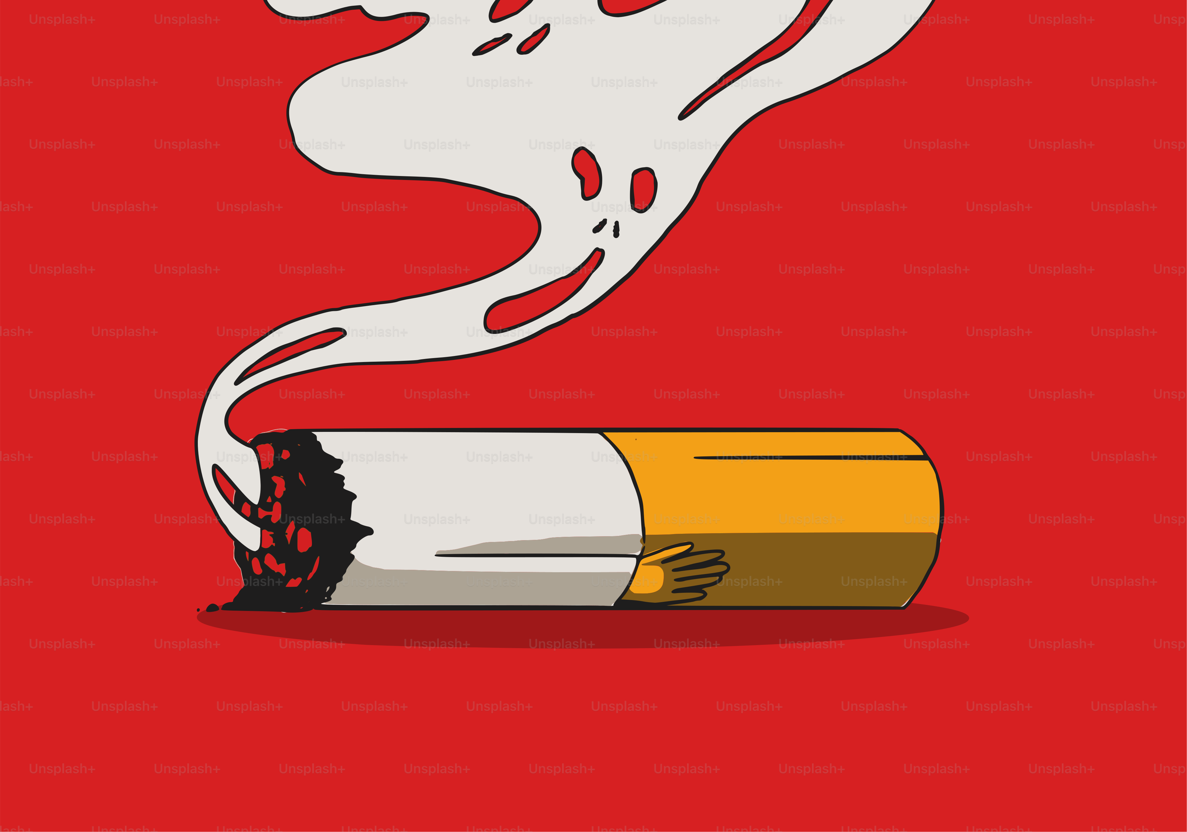 A burning cigarette with smoke on a red background.