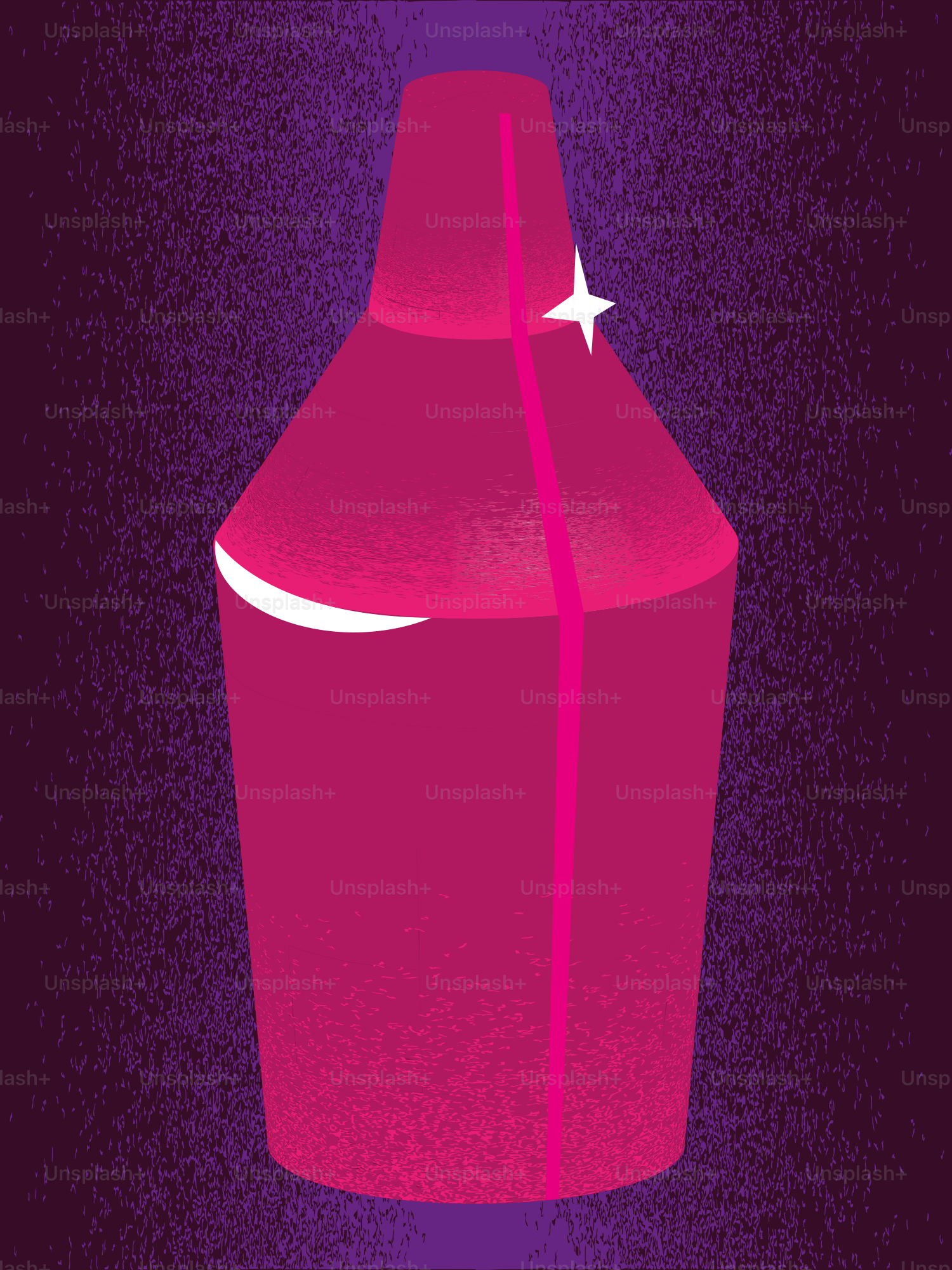 Una botella rosa brilla intensamente sobre un fondo oscuro.