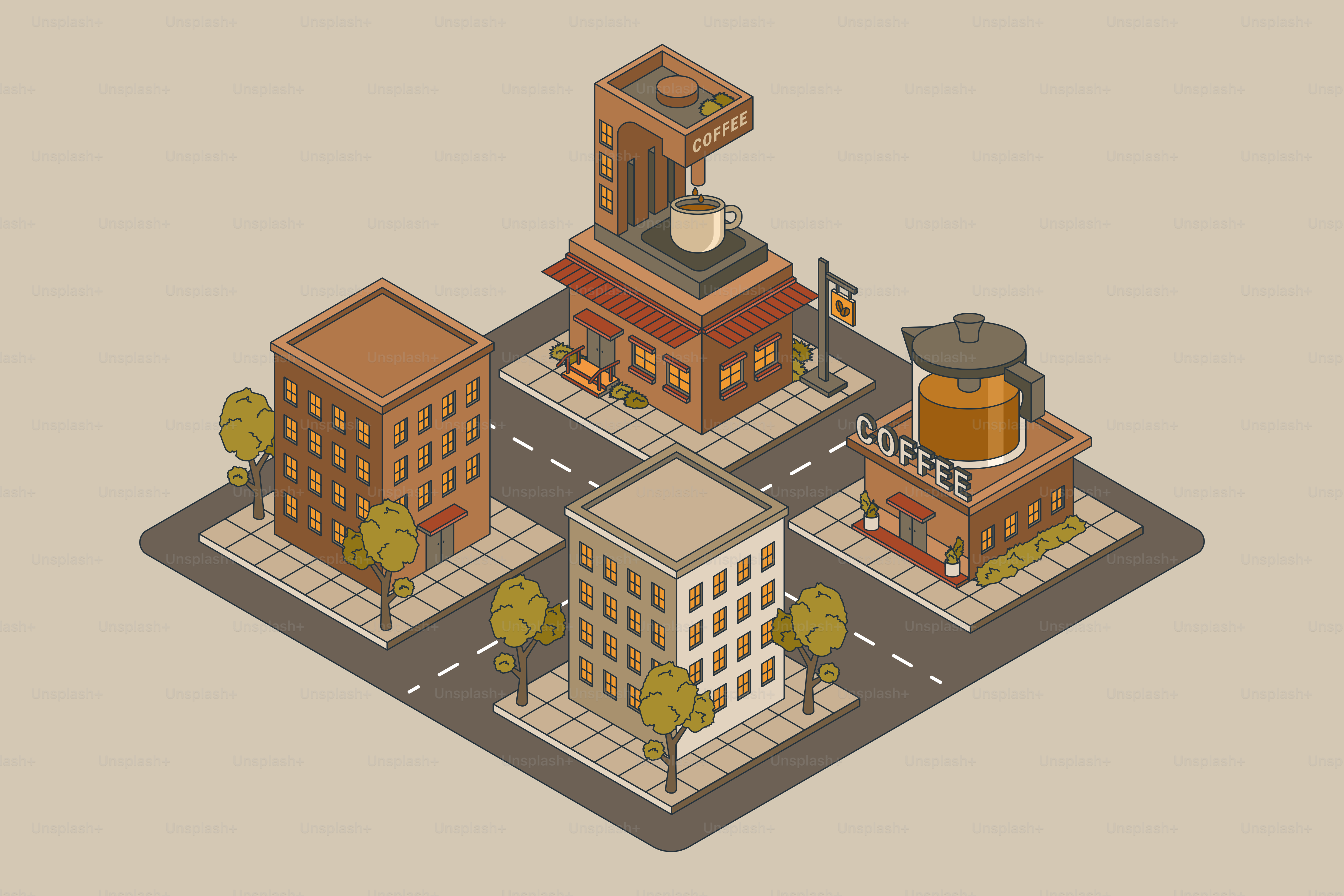 Isometric view of a small city.