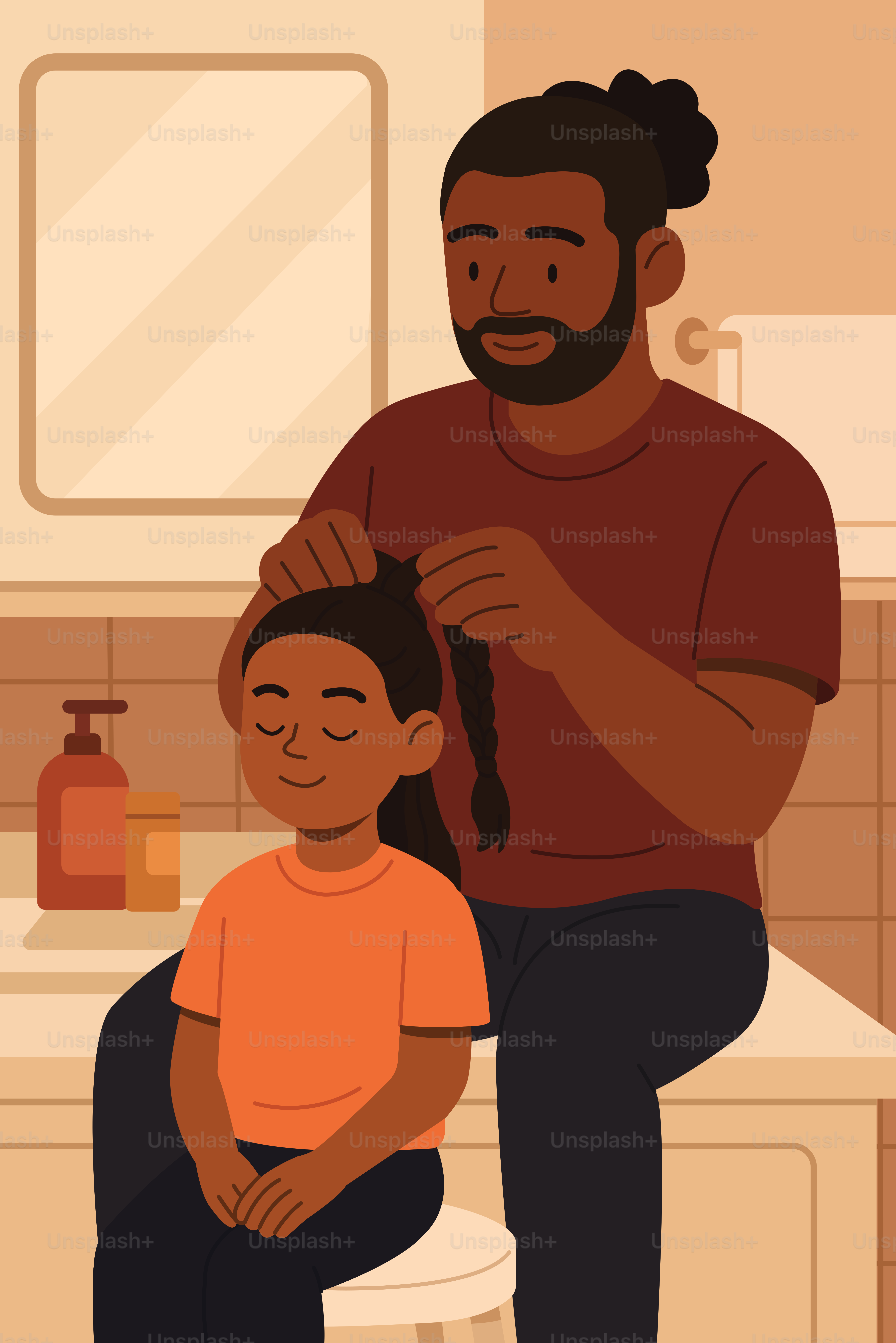Ein Vater flechtet seiner Tochter die Haare.
