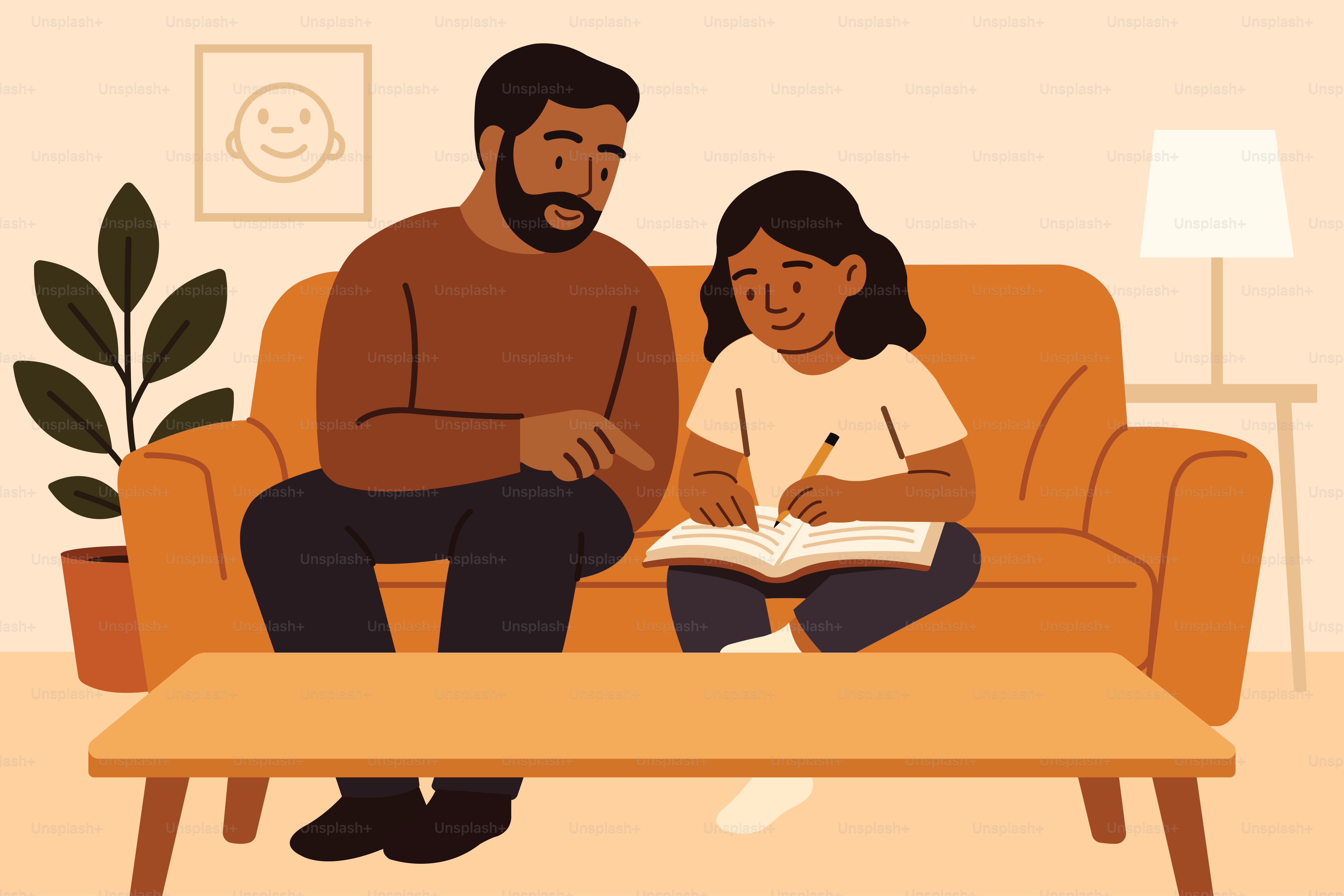 Un padre está ayudando a su hija con la tarea. vector – Imagen de ...