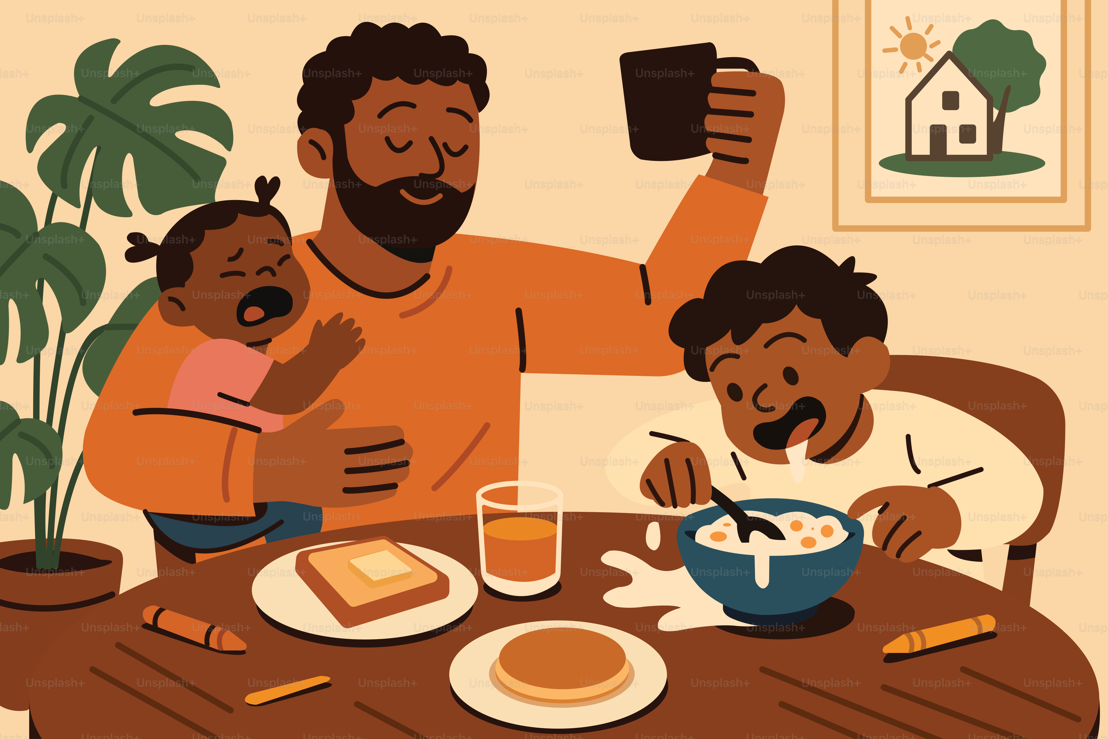 A father manages morning chaos with his kids.