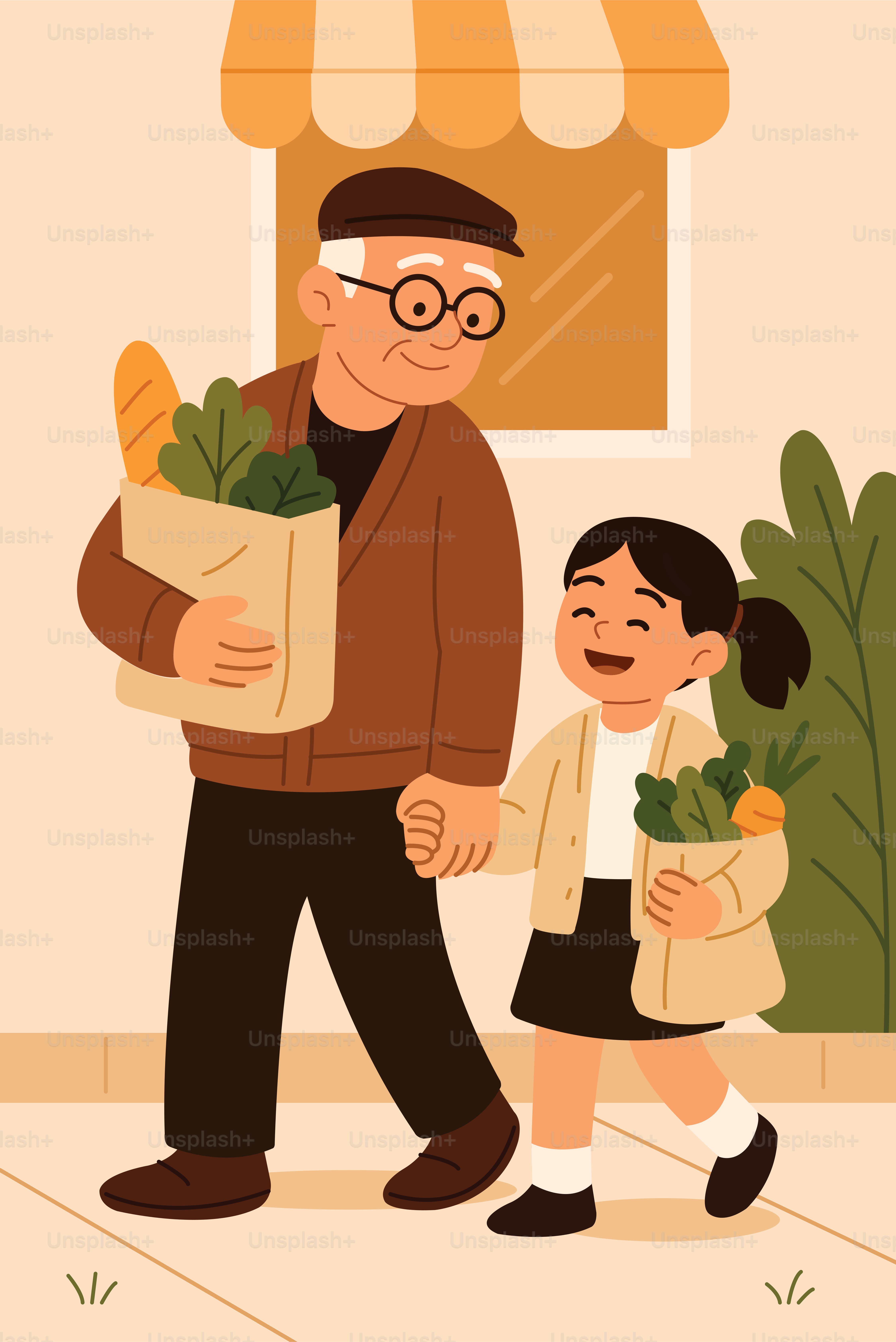 Opa und Enkelin gehen vom Markt nach Hause.