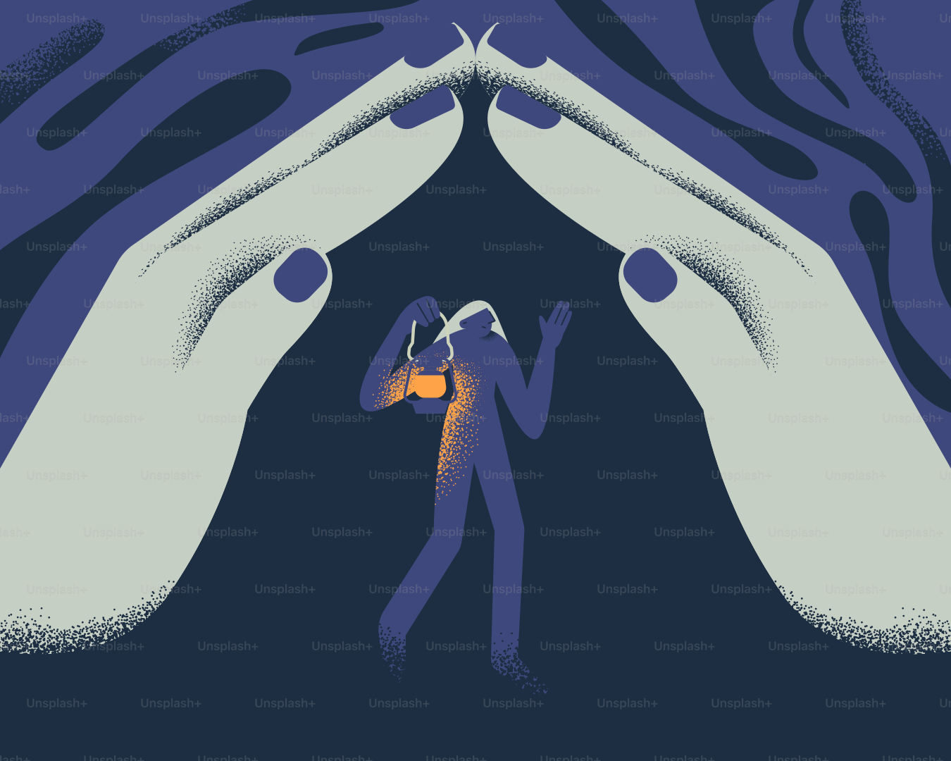 Protecting a vulnerable figure with caring hands.