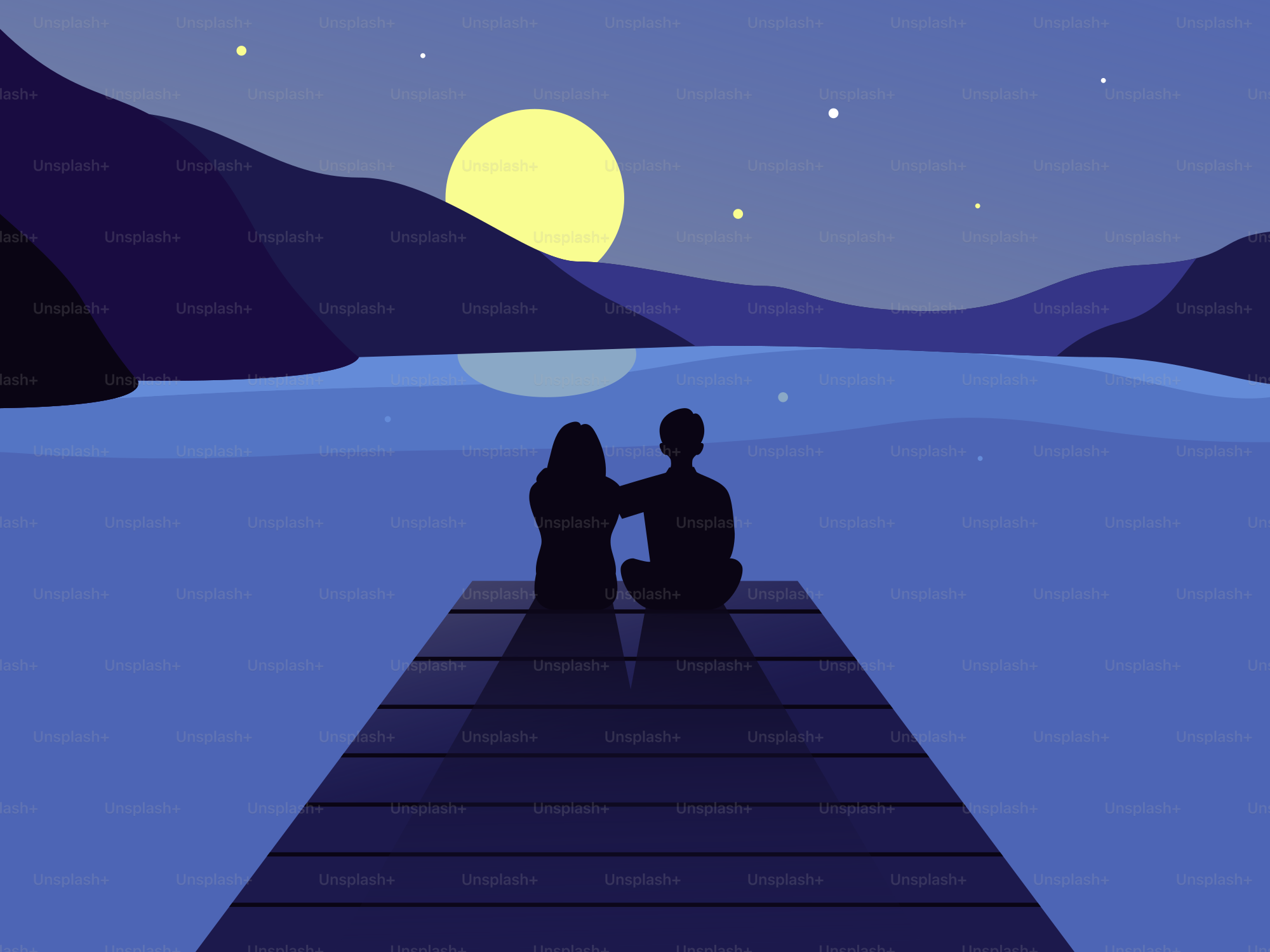 A couple silhouetted on a dock watching the moon.