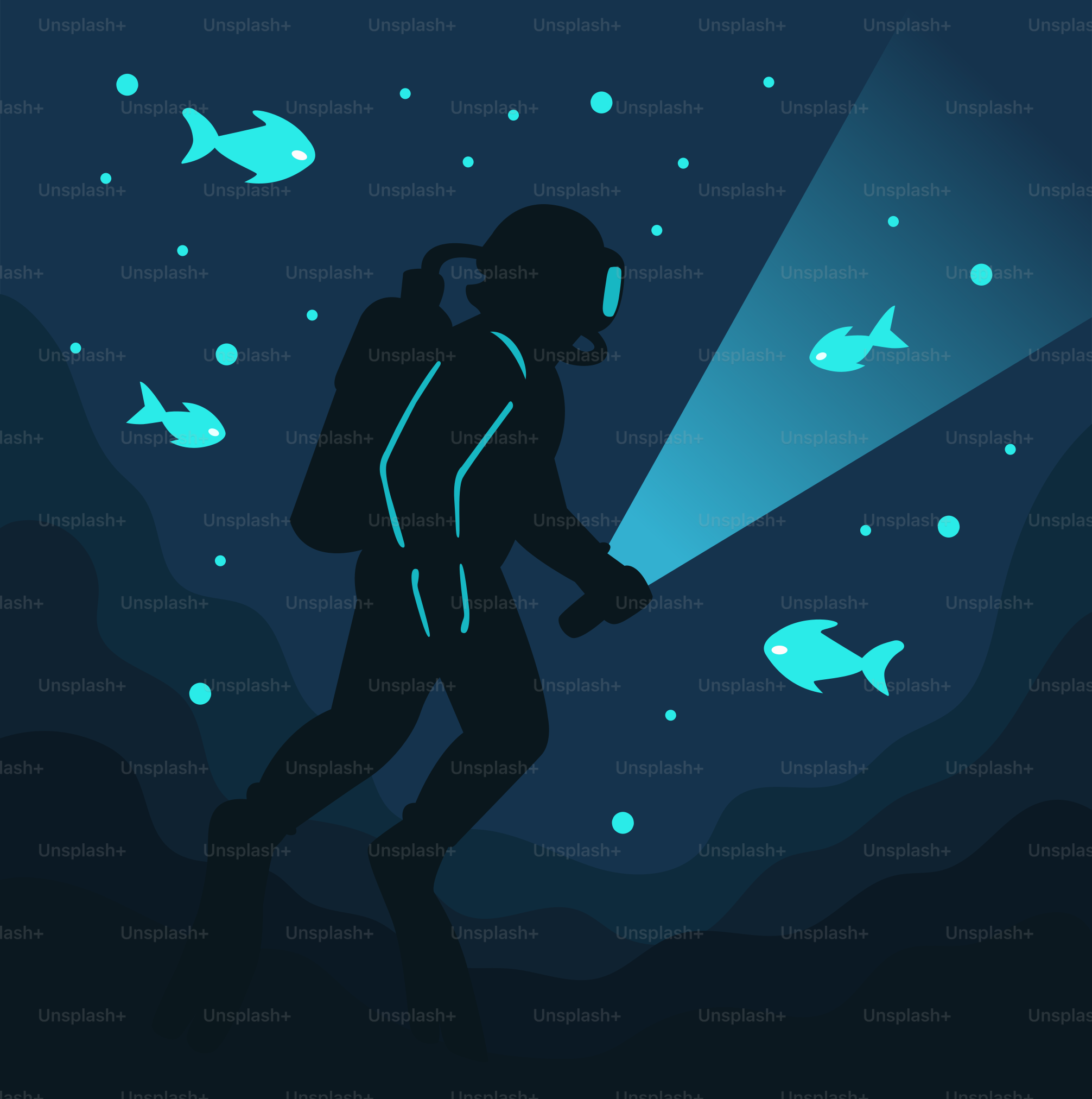 A scuba diver explores the deep blue ocean.