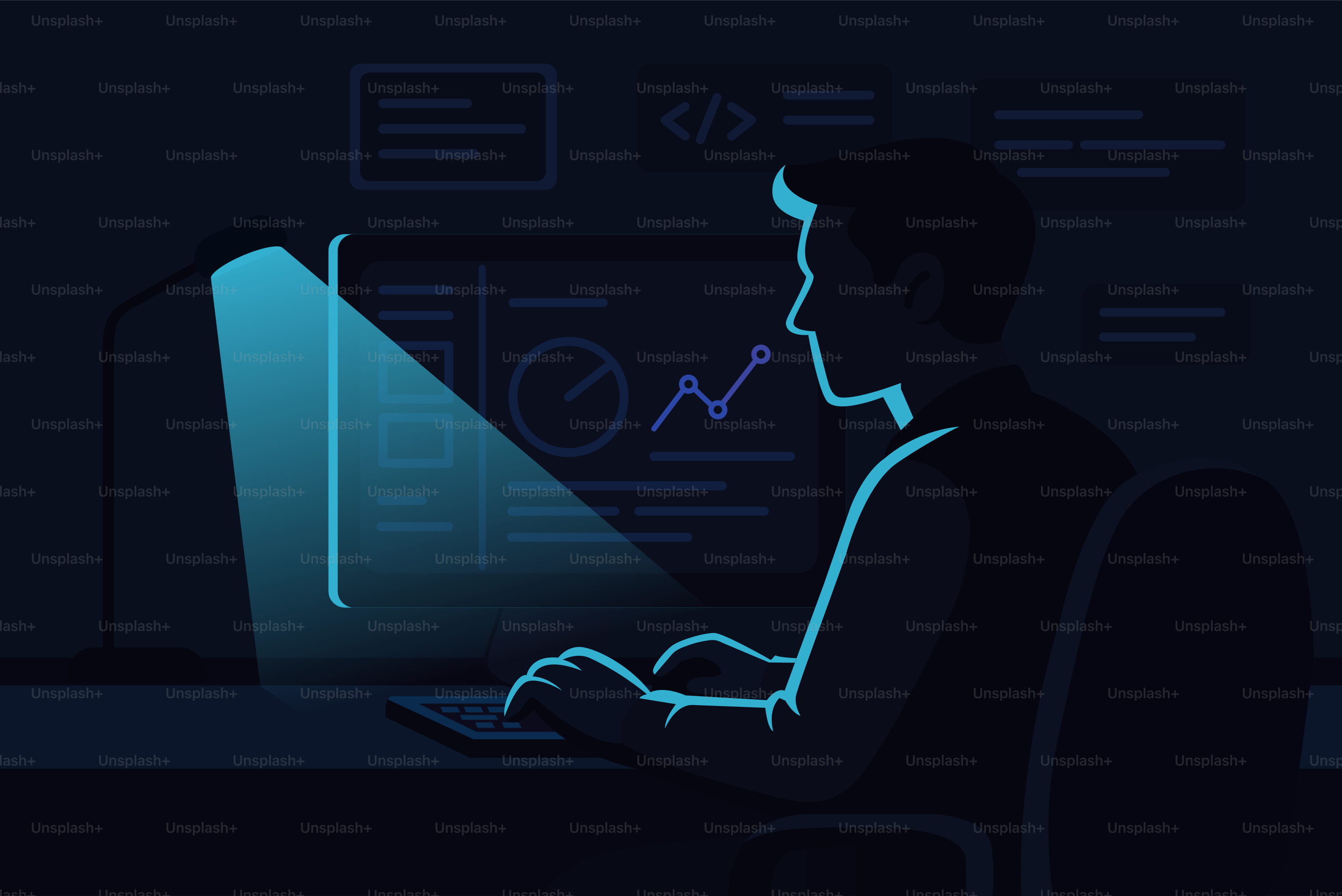 Una persona trabajando en una computadora en la oscuridad.